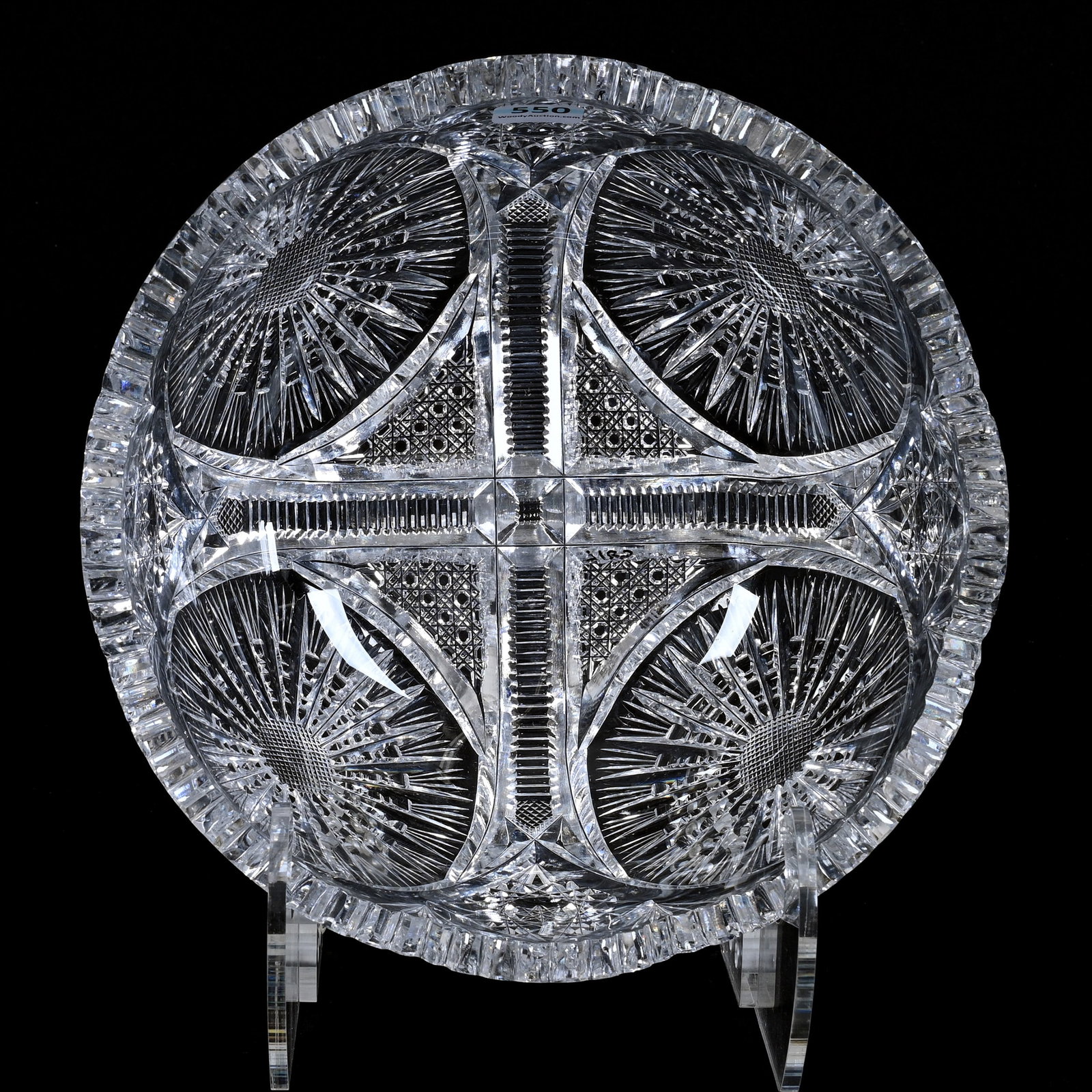 Bowl, ABCG, Four Sections Of Sunburst, Hobstar, Cane, Zipper And Fan Motif: Bowl, ABCG, Four Sections Of Sunburst, Hobstar, Cane, Zipper And Fan Motif, 4" x 9", Tooth Chip, Collection Of The Late T. J. Wilson, Oklahoma. Mr. Wilson Marked The Majority Of His Collection With A 