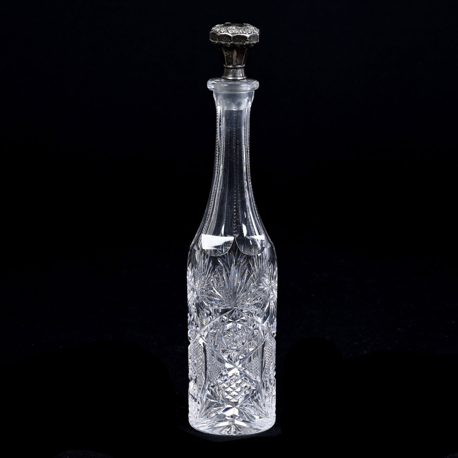 Cologne, American Brilliant Cut Glass, Signed J. Hoare,: Cologne, American Brilliant Cut Glass, Signed J. Hoare, 9.75" x 2.25", Pattern Shown In ACGA J. Hoare Catalog Reprint, Page 129, Embossed Sterling Silver Stopper, Collection Of The Late T. J. Wilson, 
