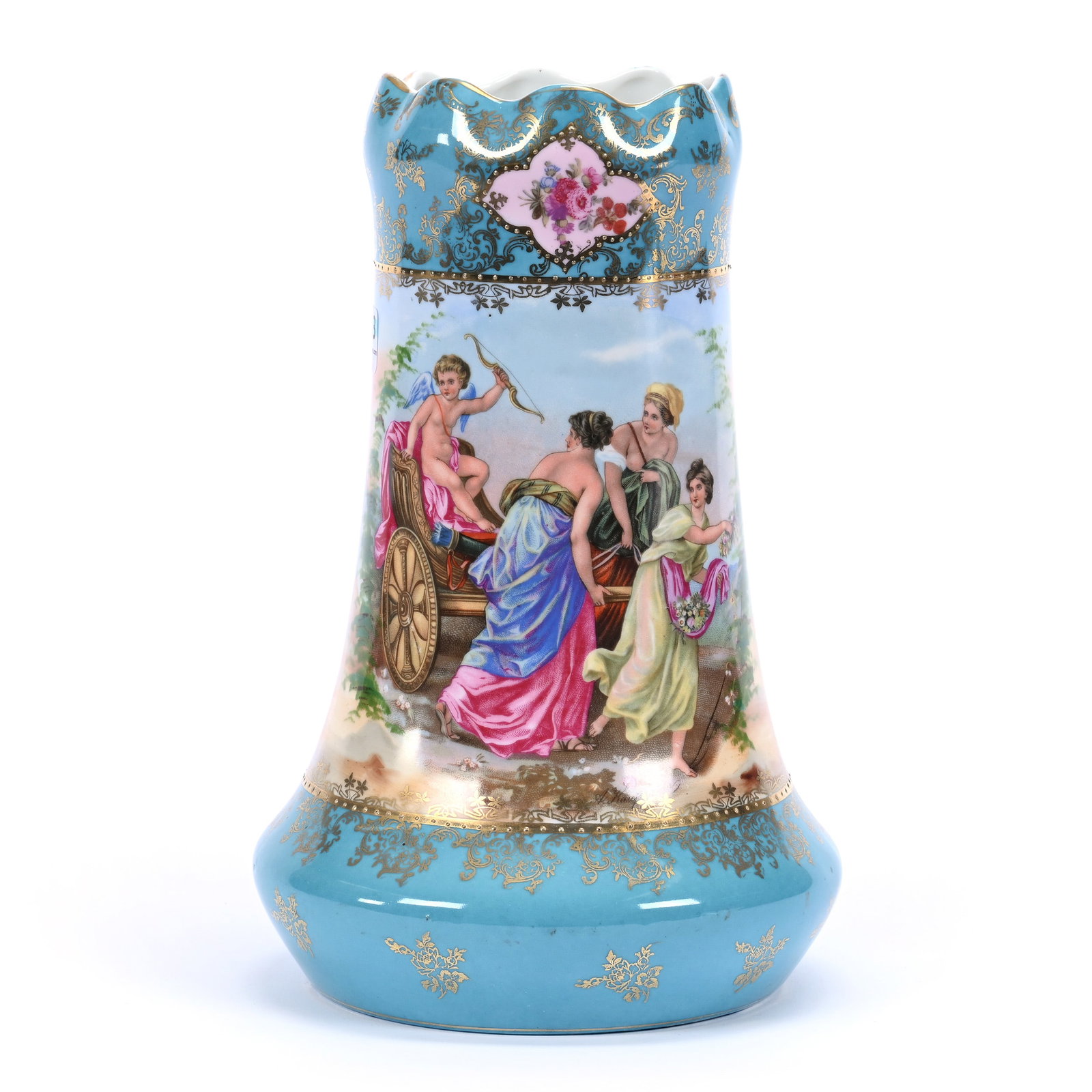 Vase Marked Prov Saxe, Large Classical Kaufman Scenes Featuring Women And Cherubs: Vase Marked Prov Saxe, Large Classical Kaufman Scenes Featuring Women And Cherubs, 10" x 6.25", Turquoise Border, Gold Stencil Highlights, Collection Of The Late T. J. Wilson, Oklahoma. Mr. Wilson Mar