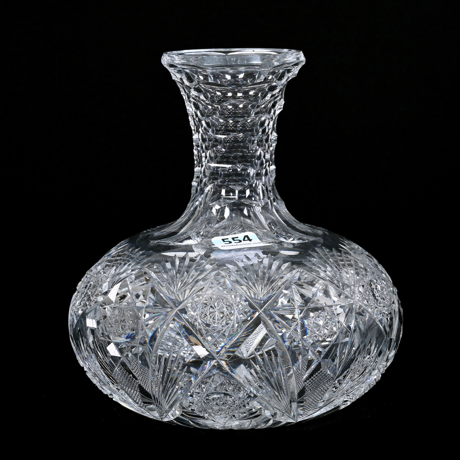 Water Carafe, American Brilliant Cut Glass, Signed Hawkes Holland Pattern: Water Carafe, American Brilliant Cut Glass, Signed Hawkes Holland Pattern, 7" x 6.5", Professional Rim Touch-Up, Collection Of The Late T. J. Wilson, Oklahoma. Mr. Wilson Marked The Majority Of His Co