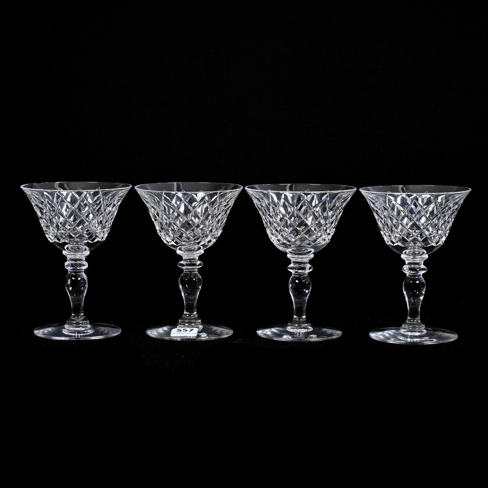 (4) Champagne Stems, American Brilliant Cut Glass, Signed Hawkes Delft Diamonds Pattern: (4) Champagne Stems, American Brilliant Cut Glass, Signed Hawkes Delft Diamonds Pattern, 5" x 3.5", Collection Of The Late T. J. Wilson, Oklahoma. Mr. Wilson Marked The Majority Of His Collection With
