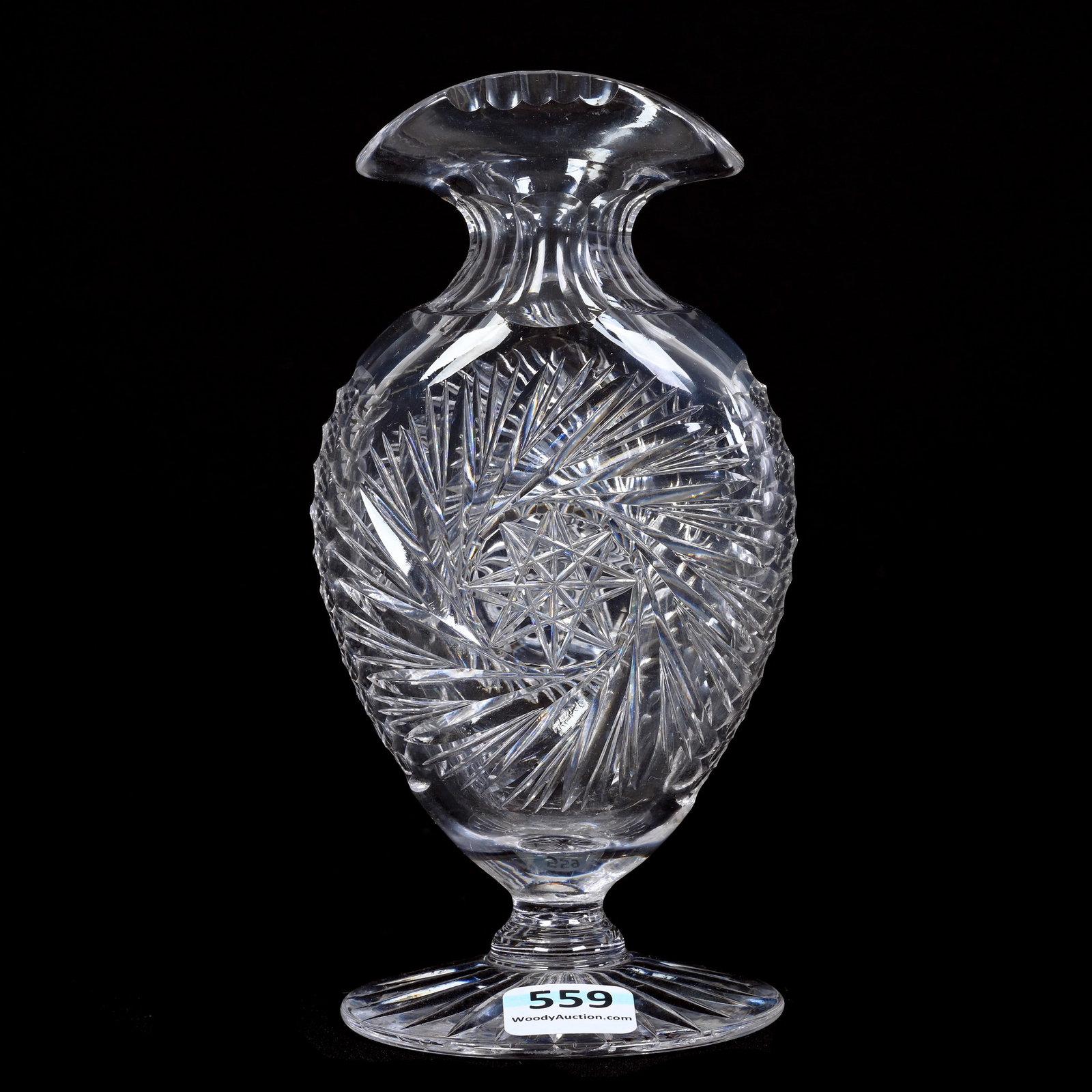 Pedestal Vase, American Brilliant Cut Glass, Pinwheel Motif: Pedestal Vase, American Brilliant Cut Glass, Pinwheel Motif, 6.5" x 3", Ray Cut Foot, Collection Of The Late T. J. Wilson, Oklahoma. Mr. Wilson Marked The Majority Of His Collection With A Black Marke