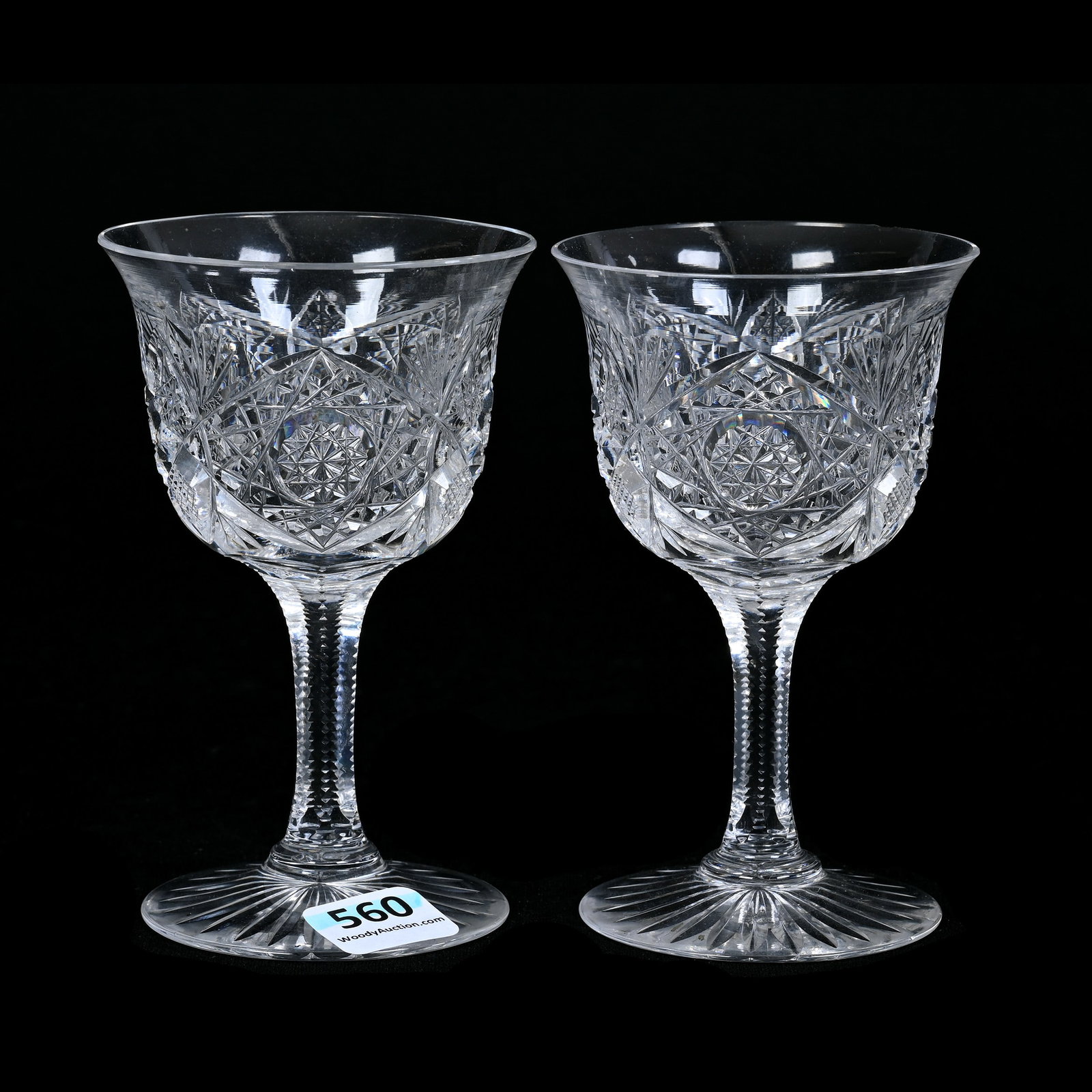 Pair Wine Stems, American Brilliant Cut Glass, Signed J. Hoare Monarch Pattern: Pair Wine Stems, American Brilliant Cut Glass, Signed J. Hoare Monarch Pattern, 4.5" x 2.75", Ray Cut Foot, Collection Of The Late T. J. Wilson, Oklahoma. Mr. Wilson Marked The Majority Of His Collect