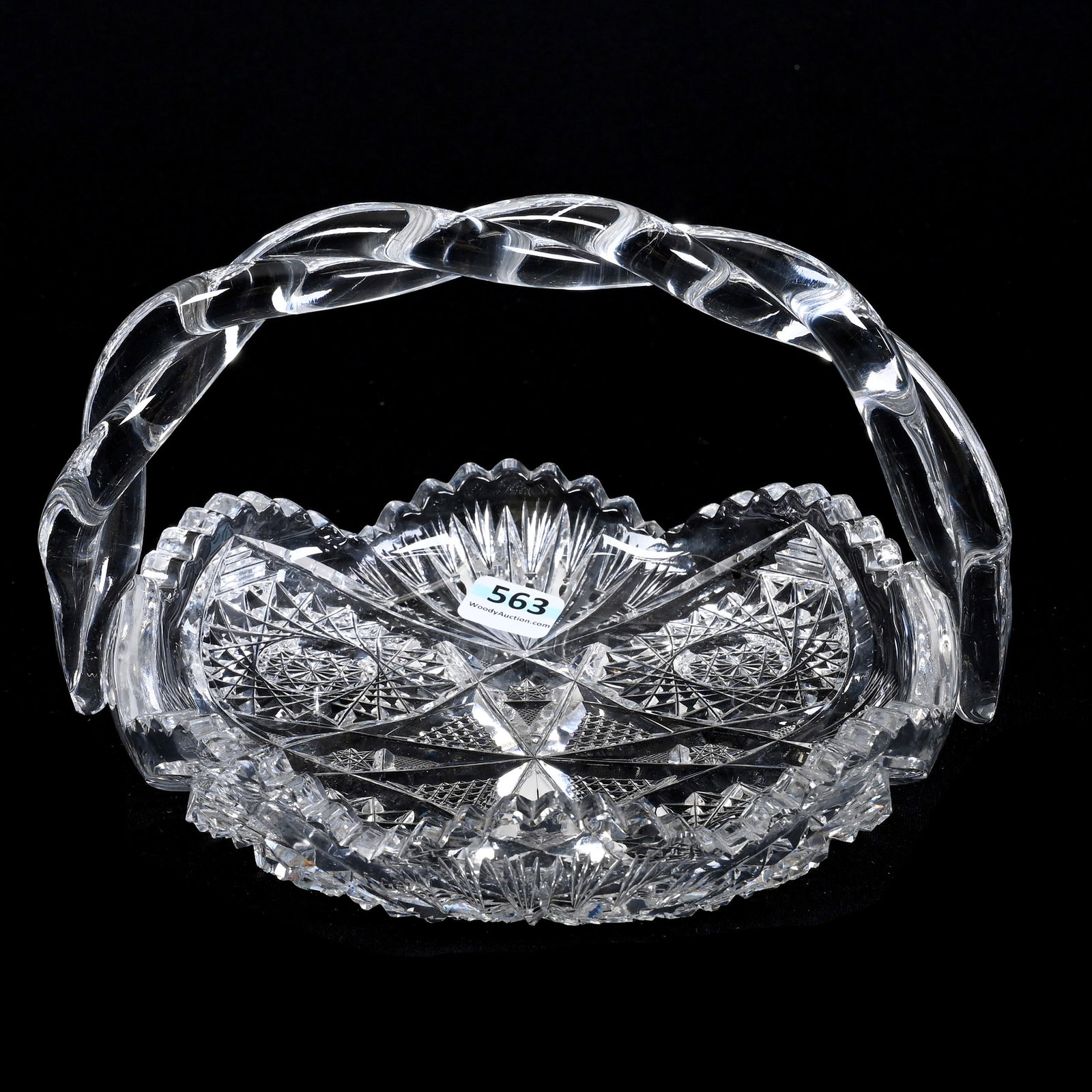 Basket, American Brilliant Cut Glass, Hobstar, Nailhead Diamond And Fan Motif: Basket, American Brilliant Cut Glass, Hobstar, Nailhead Diamond And Fan Motif, 5.5" x 8.25", Rope Twist Handle, Large Tooth Chip, Collection Of The Late T. J. Wilson, Oklahoma. Mr. Wilson Marked The M