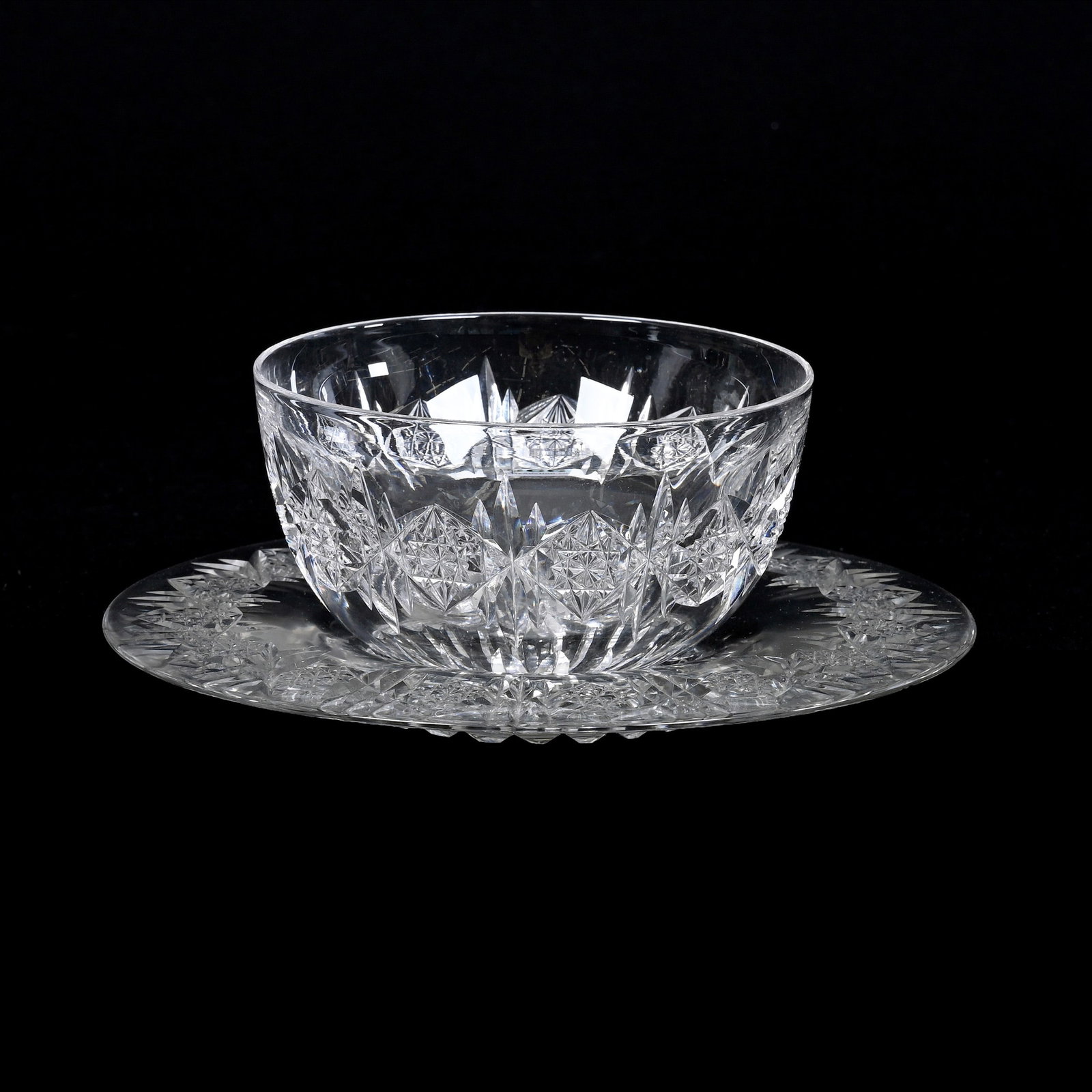 Finger Bowl/Underplate, American Brilliant Cut Glass, Signed Hawkes: Finger Bowl/Underplate, American Brilliant Cut Glass, Signed Hawkes, 2.75" x 6.75", Hobstar And Miter Motif, Ray Cut Center, Collection Of The Late T. J. Wilson, Oklahoma. Mr. Wilson Marked The Majori