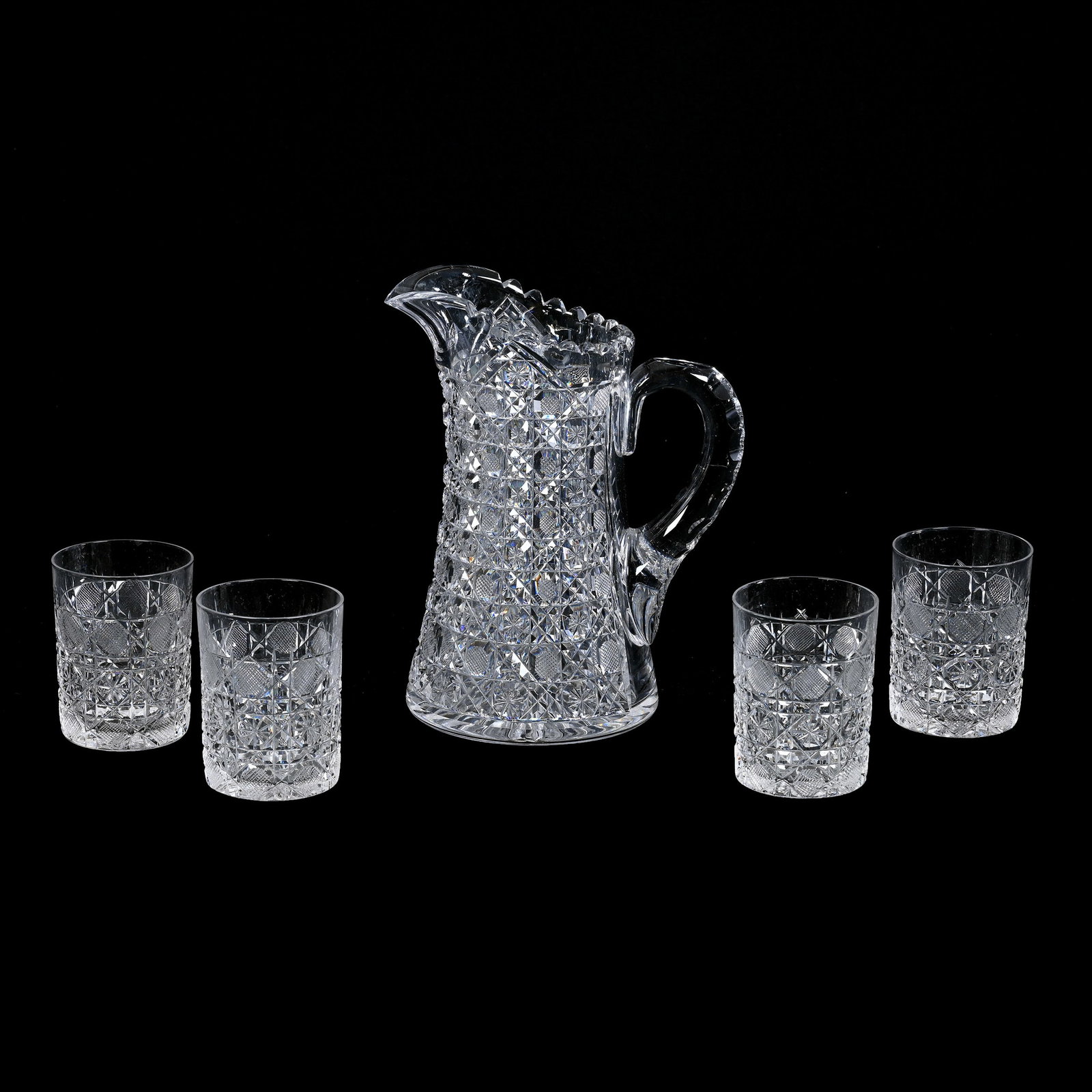 Water Set, American Brilliant Cut Glass, Harvard Pattern: Water Set, American Brilliant Cut Glass, Harvard Pattern, (1) 9" x 7.5" Pitcher, (4) Matching 3.75" Tumblers, Collection Of The Late T. J. Wilson, Oklahoma. Mr. Wilson Marked The Majority Of His Colle