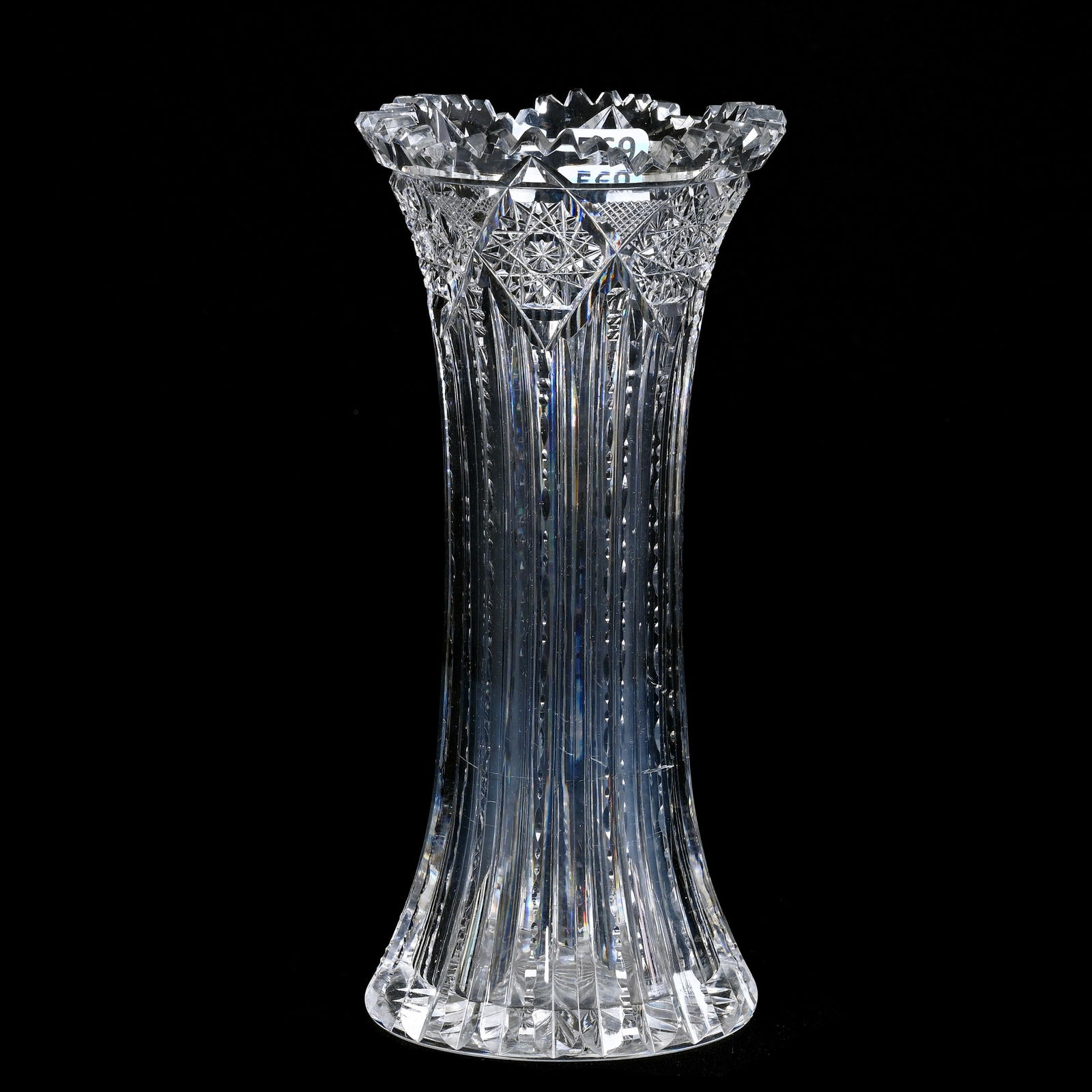 Vase, American Brilliant Cut Glass, Prism Cut Body With Hobstar And Strawberry Diamond Border: Vase, American Brilliant Cut Glass, Prism Cut Body With Hobstar And Strawberry Diamond Border, 8.5" x 4", Ray Cut Base, Collection Of The Late T. J. Wilson, Oklahoma. Mr. Wilson Marked The Majority Of