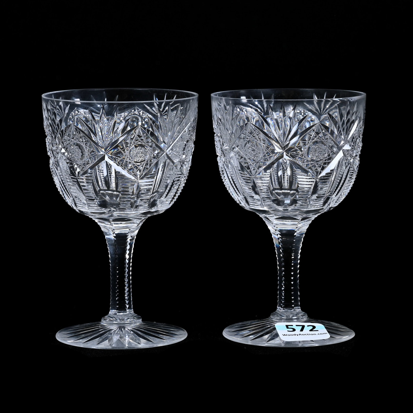 Pair Wine Stems, American Brilliant Cut Glass, Brunswick Pattern By Hawkes: Pair Wine Stems, American Brilliant Cut Glass, Brunswick Pattern By Hawkes, 4.25" x 2.75", Possible Professional Rim Touch-Up On Both, Collection Of The Late T. J. Wilson, Oklahoma. Mr. Wilson Marked 