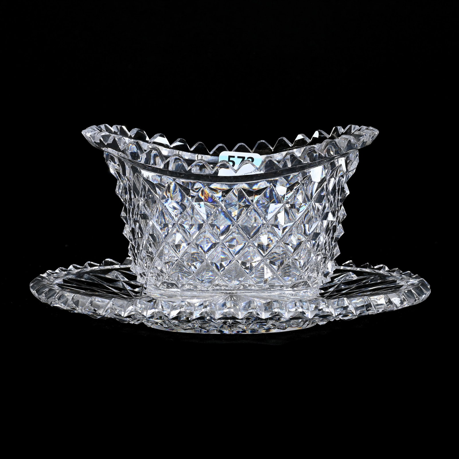 Oval Mayonnaise Bowl/Underplate, American Brilliant Cut Glass: Oval Mayonnaise Bowl/Underplate, American Brilliant Cut Glass, 4" x 8" x 5", Heavy Raised Diamond Pattern, Extra Clear Blank, Collection Of The Late T. J. Wilson, Oklahoma. Mr. Wilson Marked The Major