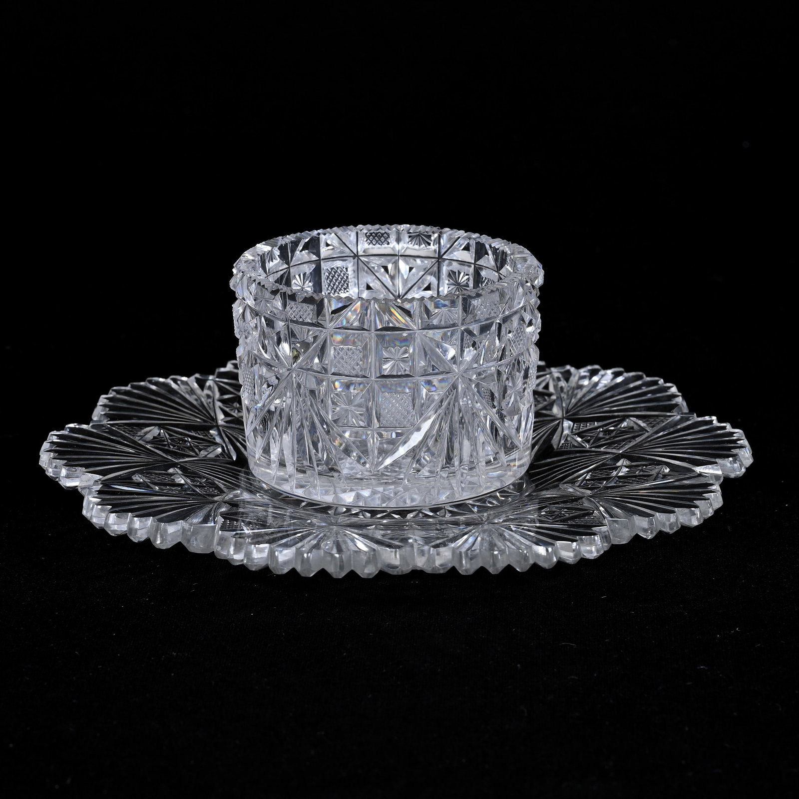 Modified Ramekin/Underplate, American Brilliant Cut Glass, Strawberry Diamond And Star Pattern By: Modified Ramekin/Underplate, American Brilliant Cut Glass, Strawberry Diamond And Star Pattern By Clark, 2.5" x 6", Cup Appears To Be A Re-Purposed Tumbler, Collection Of The Late T. J. Wilson, Oklaho