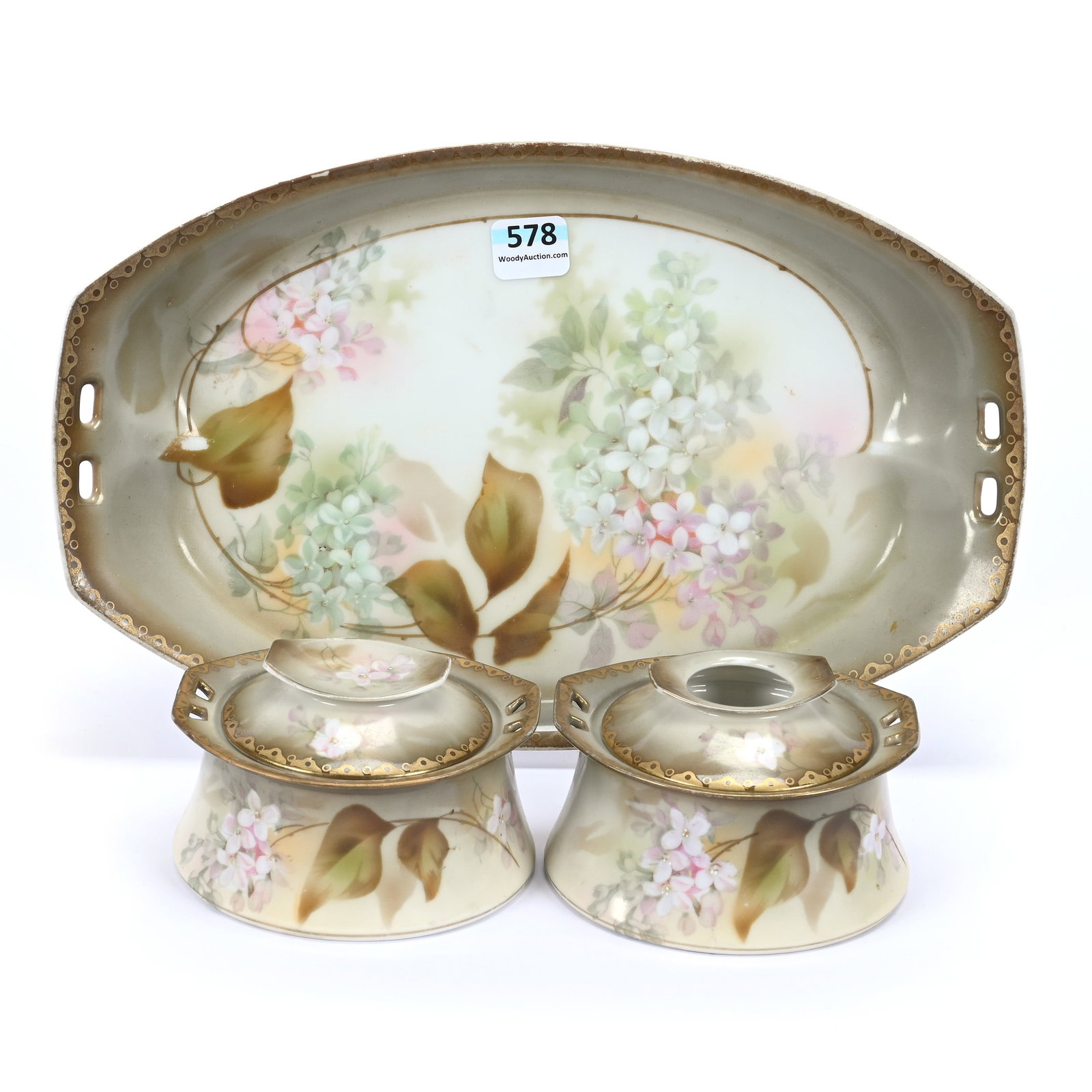 Dresser Set, Three Piece, Marked R.S. Germany: Dresser Set, Three Piece, Marked R.S. Germany, Cream And Brown Tones, Pink Floral Decor, (1) 11" x 7" Tray, Matching Powder Box And Hair Receiver, Collection Of The Late T. J. Wilson, Oklahoma. Mr. Wi
