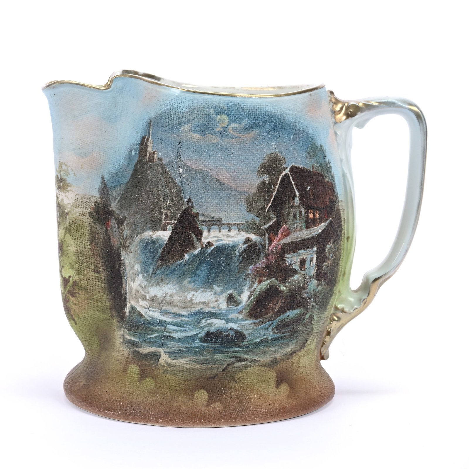 Water Pitcher, Royal Bayreuth Blue Mark, Castle And Waterfall Scenic Decor, Tapestry Finish: Water Pitcher, Royal Bayreuth Blue Mark, Castle And Waterfall Scenic Decor, Tapestry Finish, 6" x 7", Collection Of The Late T. J. Wilson, Oklahoma. Mr. Wilson Marked The Majority Of His Collection Wi