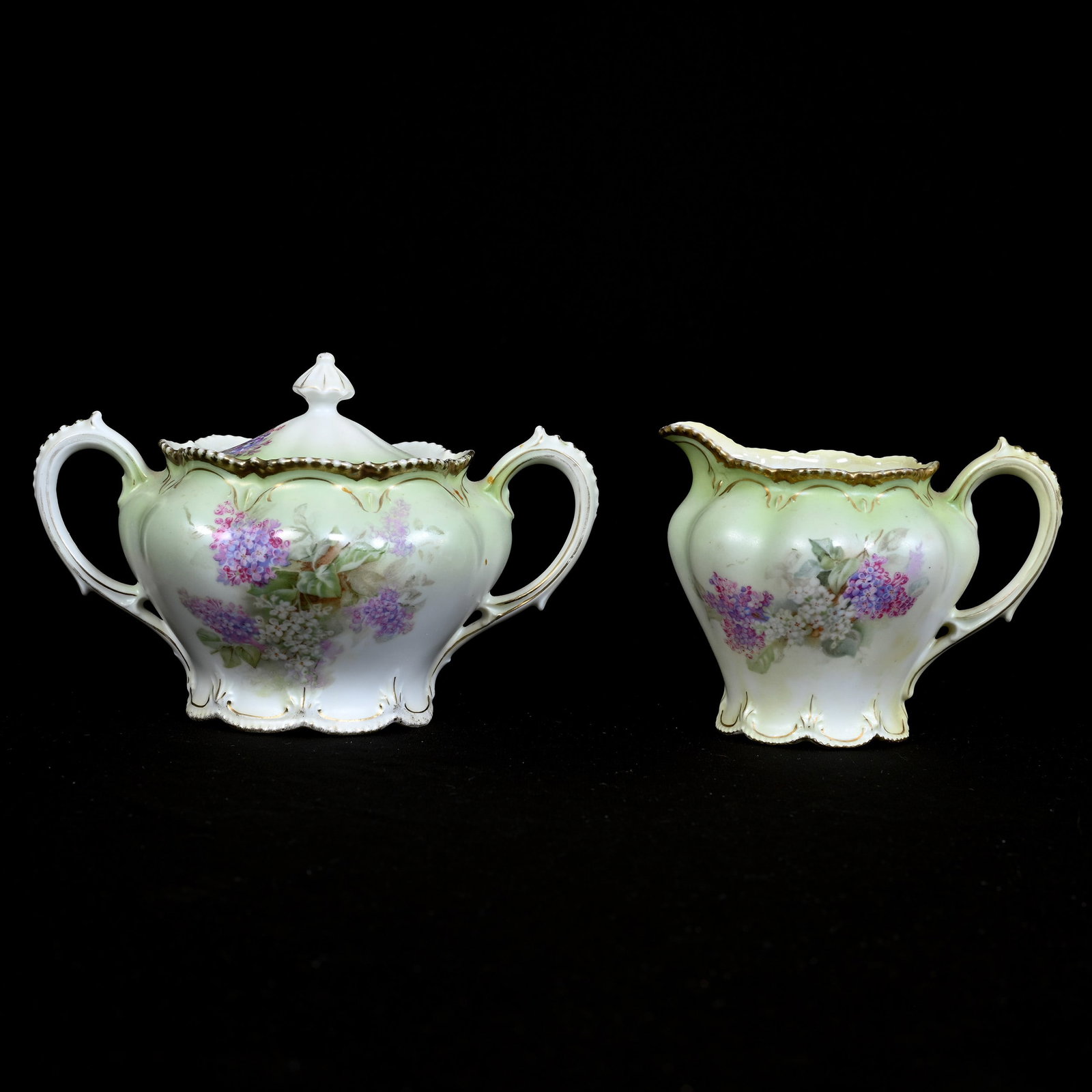 Creamer And Sugar Sat Marked R.S. Prussia, Green And White Satin Finish, Floral Decor: Creamer And Sugar Sat Marked R.S. Prussia, Green And White Satin Finish, Floral Decor, 4.25" x 6.75", Collection Of The Late T. J. Wilson, Oklahoma. Mr. Wilson Marked The Majority Of His Collection Wi