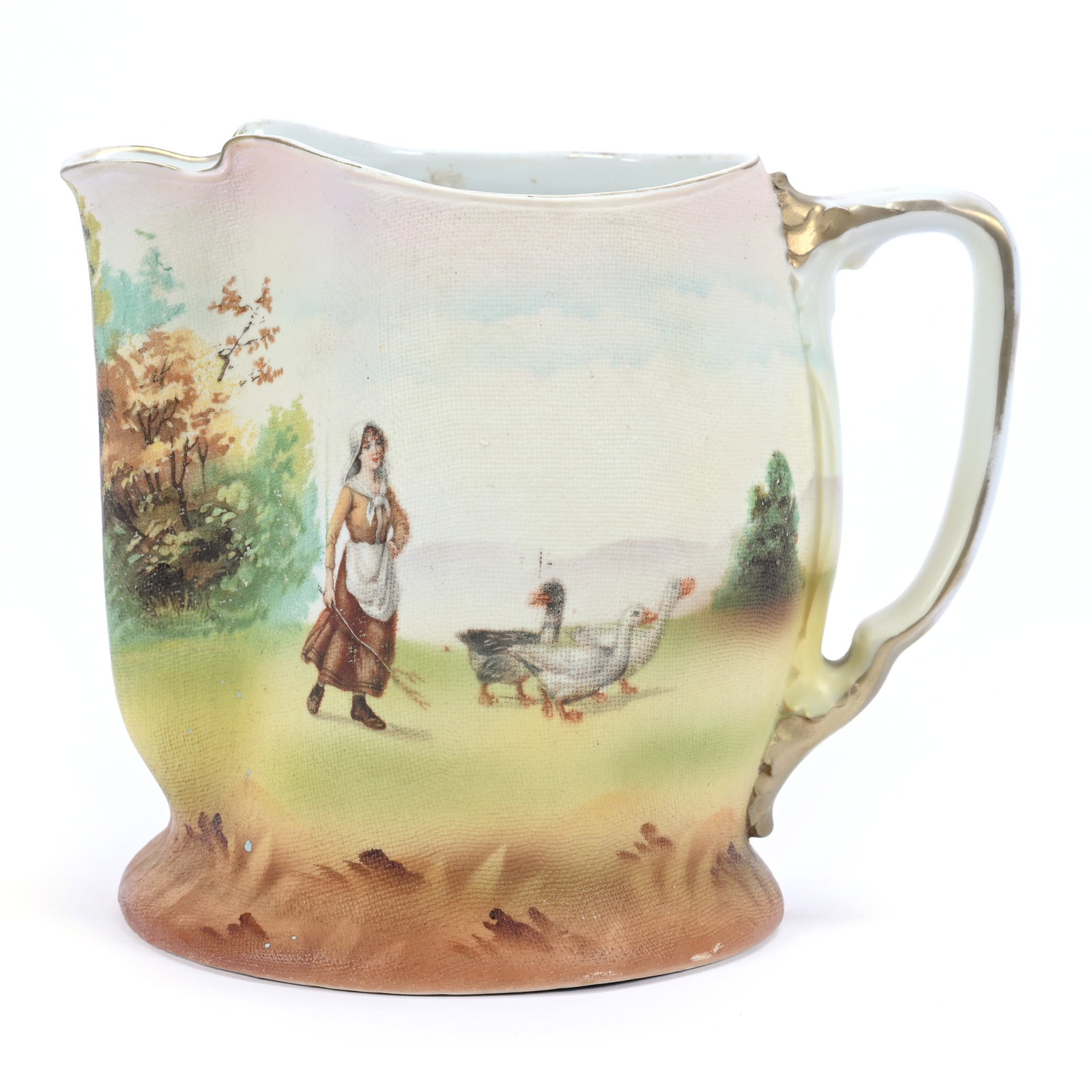 Water Pitcher, Royal Bayreuth Blue Mark, Goose Girl Scenic Decor, Tapestry Finish: Water Pitcher, Royal Bayreuth Blue Mark, Goose Girl Scenic Decor, Tapestry Finish, 6" x 7", Gold Wear On Handle, Collection Of The Late T. J. Wilson, Oklahoma. Mr. Wilson Marked The Majority Of His Co