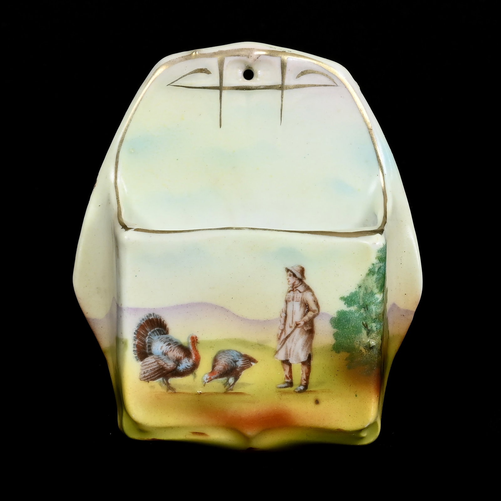 Match Holder, Wall Mount, Royal Bayreuth Blue Mark: Match Holder, Wall Mount, Royal Bayreuth Blue Mark, 4.25" x 3.5", Turkey Scenic Decor, Collection Of The Late T. J. Wilson, Oklahoma. Mr. Wilson Marked The Majority Of His Collection With A Black Mark