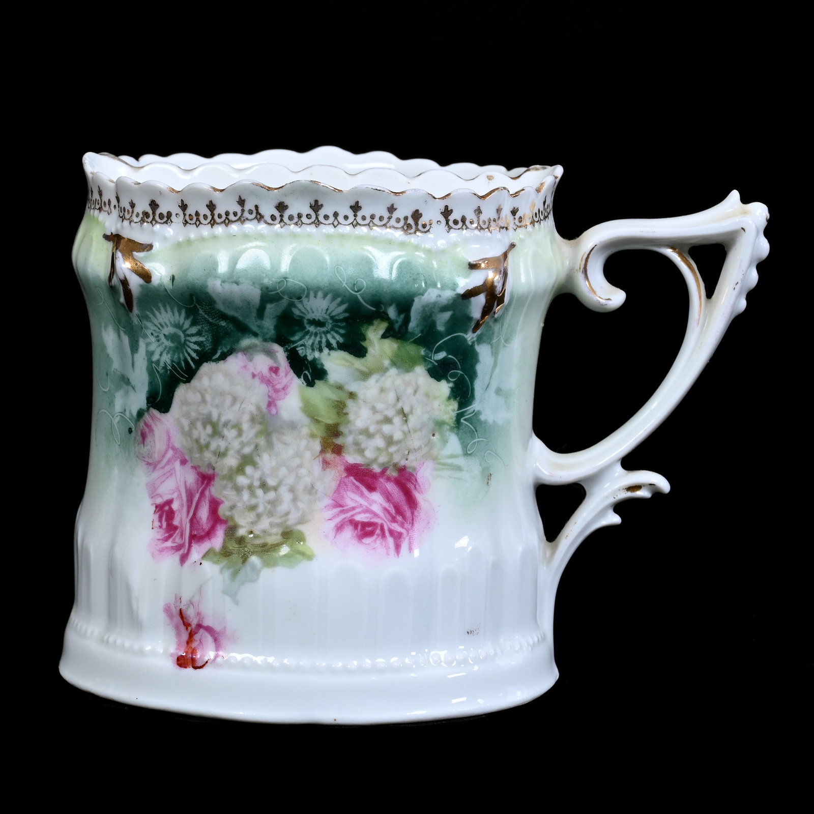 Shaving Mug Marked R.S. Prussia, Green And White Tones, Snowball And Rose Decor: Shaving Mug Marked R.S. Prussia, Green And White Tones, Snowball And Rose Decor, 3.5" x 4.75", Collection Of The Late T. J. Wilson, Oklahoma. Mr. Wilson Marked The Majority Of His Collection With A Bl