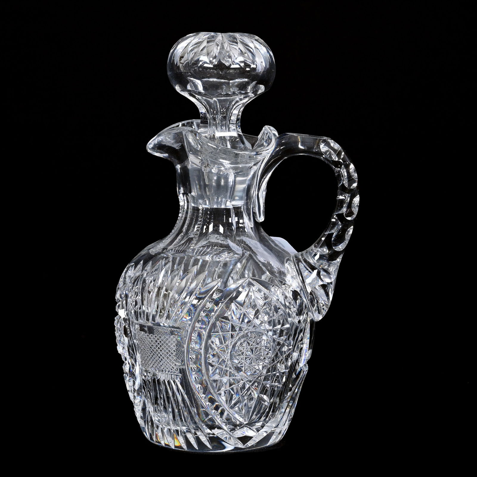 Cruet Bottle, Pairpoint, Ramona Pattern, American Brilliant Cut Glass: Cruet Bottle, Pairpoint, Ramona Pattern, American Brilliant Cut Glass, Hobstar Vesica, Strawberry Diamond, Prism And Fan Motif, 6.5" x 3.75", Ray Cut Base, Collection Of The Late T. J. Wilson, Oklahom