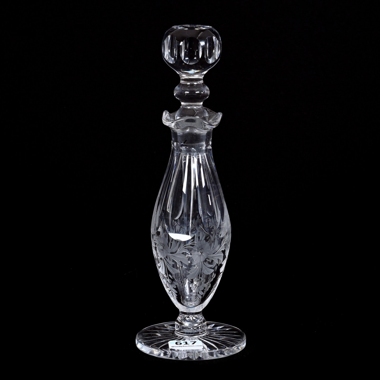 Pedestal Cologne Bottle, ABCG, Signed Libbey #1281/0344 Pattern, Engraved Floral Decor: Pedestal Cologne Bottle, ABCG, Signed Libbey #1281/0344 Pattern, Engraved Floral Decor, 8.5" x 3", Ray Cut Foot, Collection Of The Late T. J. Wilson, Oklahoma. Mr. Wilson Marked The Majority Of His Co