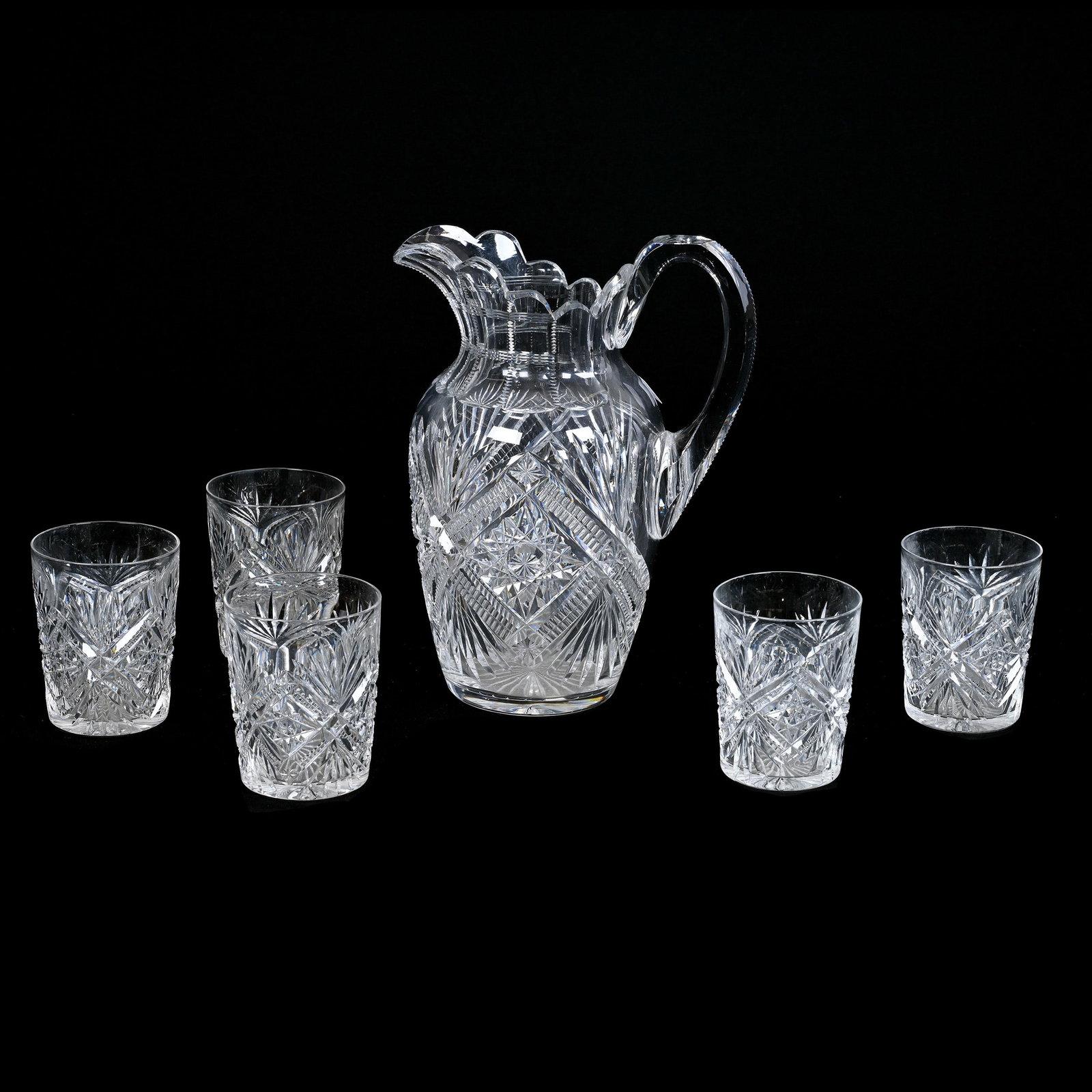 Water Set, American Brilliant Cut Glass, Signora Pattern By J. Hoare: Water Set, American Brilliant Cut Glass, Signora Pattern By J. Hoare, (1) 10" x 7.5" Pitcher, (5) Matching 3.75" Tumblers, Collection Of The Late T. J. Wilson, Oklahoma. Mr. Wilson Marked The Majority