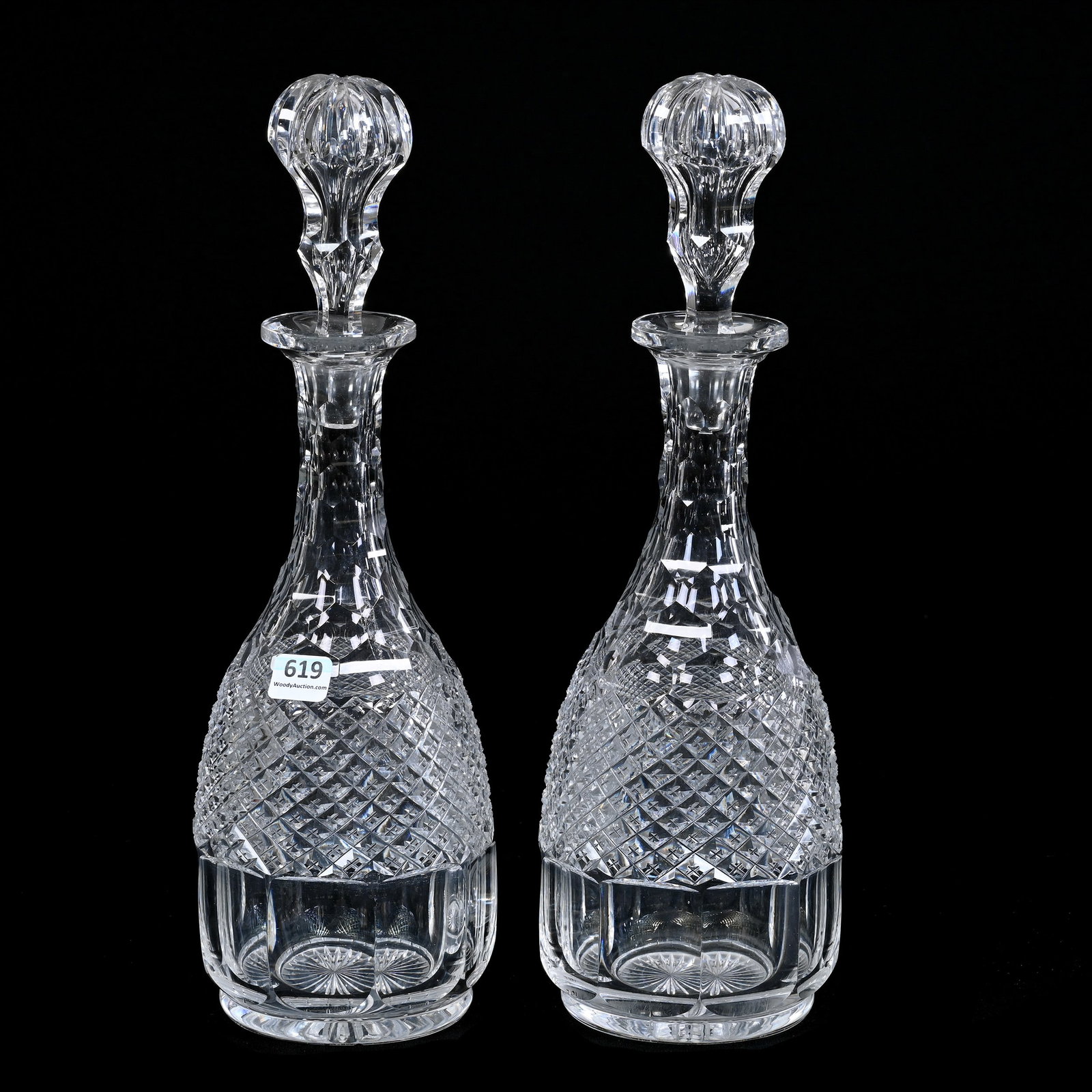 Pair Decanters, ABCG, Crosscut Diamond With Honeycomb And Panel Highlights, Ray Cut Base: Pair Decanters, ABCG, Crosscut Diamond With Honeycomb And Panel Highlights, Ray Cut Base, 13.5" x 4.25", Ray Cut Base, Collection Of The Late T. J. Wilson, Oklahoma. Mr. Wilson Marked The Majority Of 