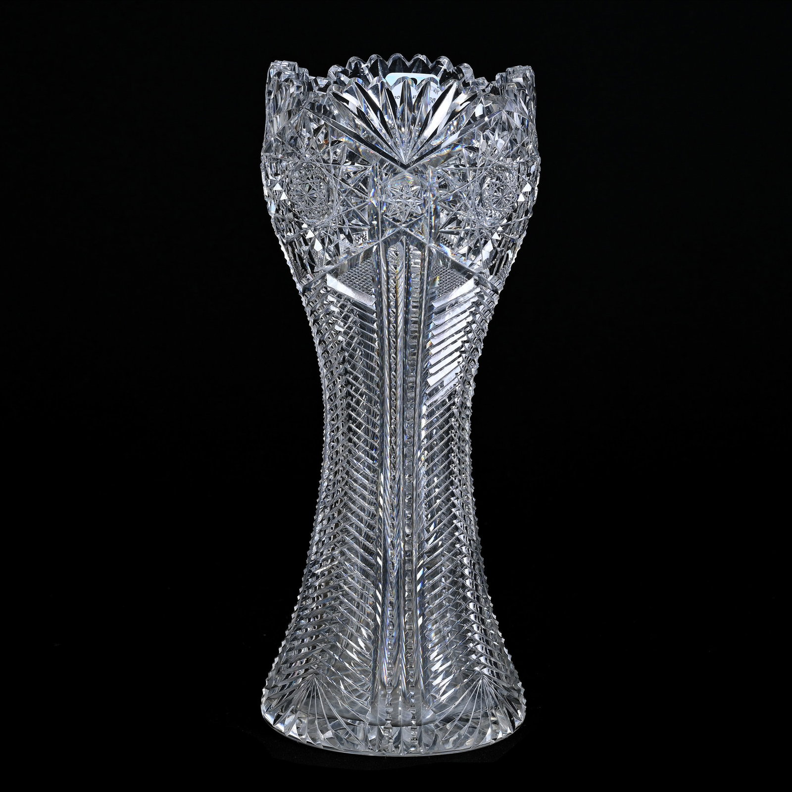 Vase, ABCG, Herringbone With Hobstar, Strawberry Diamond, Prism And Fan Highlights: Vase, ABCG, Herringbone With Hobstar, Strawberry Diamond, Prism And Fan Highlights, 10.5" x 4.25", Ray Cut Base, One Small Hard To See Tooth Chip, Collection Of The Late T. J. Wilson, Oklahoma. Mr. Wi