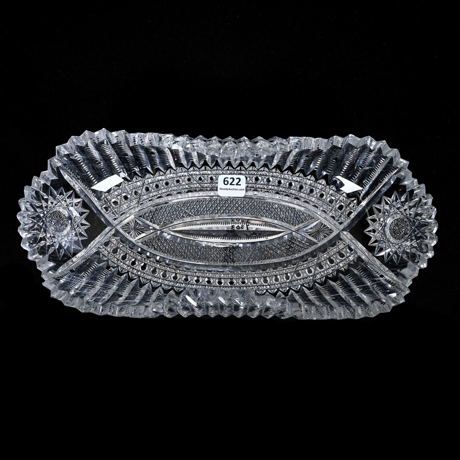 Folded Bread Tray, ABCG, Hobstar, Vesica, Cane, Diamond, Prism And Star Motif: Folded Bread Tray, ABCG, Hobstar, Vesica, Cane, Diamond, Prism And Star Motif, 11.75" x 5.5", One Tooth With Bruise, Collection Of The Late T. J. Wilson, Oklahoma. Mr. Wilson Marked The Majority Of Hi