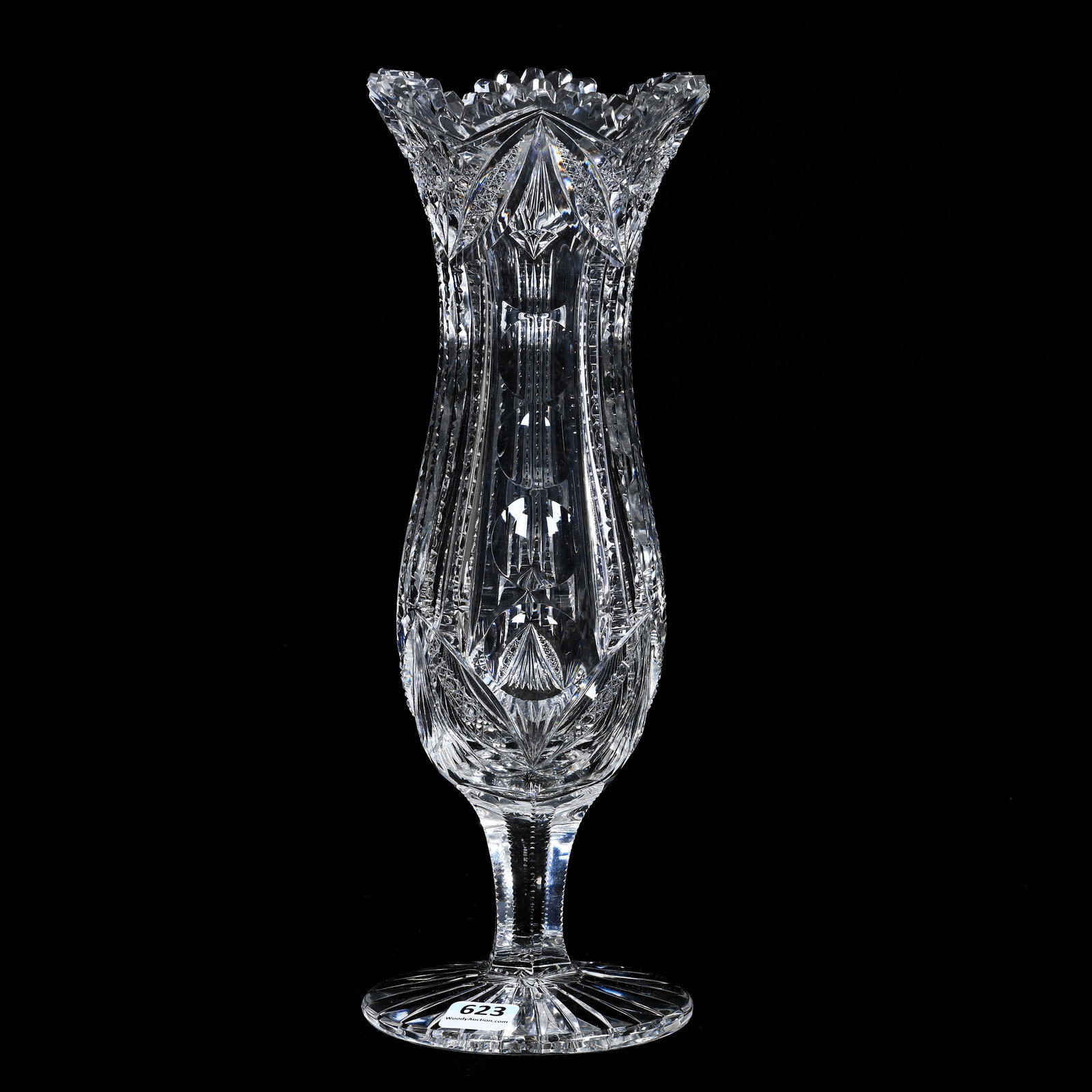 Pedestal Vase, ABCG, Bullseye, Prism, Hobstar, Vesica, Cane And Fan Motif: Pedestal Vase, ABCG, Bullseye, Prism, Hobstar, Vesica, Cane And Fan Motif, 11.5" x 4.25", Ray Cut Foot, Attributed To Clark, Collection Of The Late T. J. Wilson, Oklahoma. Mr. Wilson Marked The Majori