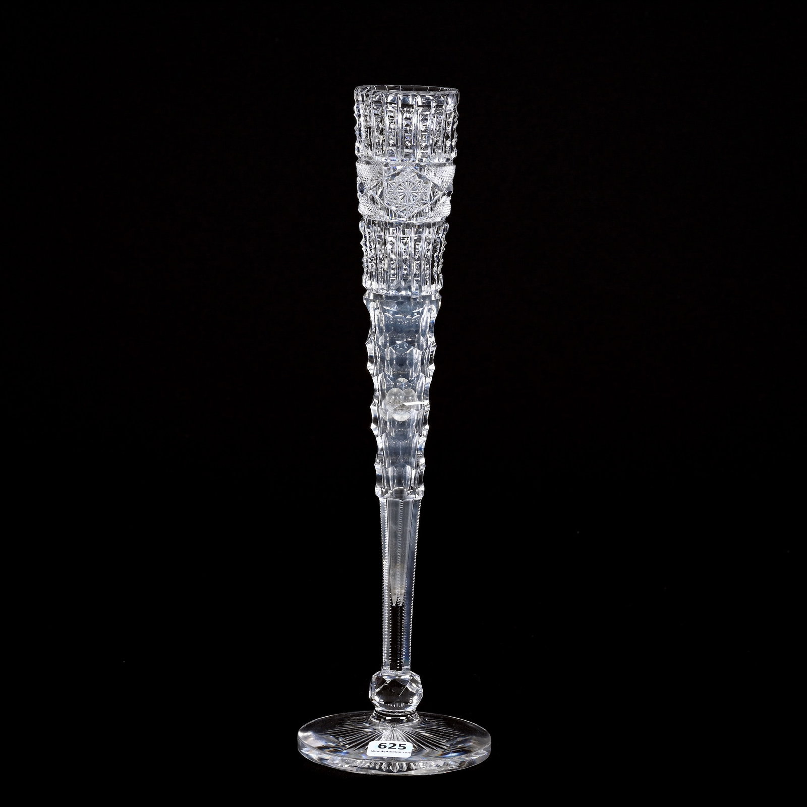 Bud Vase, American Brilliant Cut Glass, Signed Hawkes: Bud Vase, American Brilliant Cut Glass, Signed Hawkes, 13.25" x 4", Prism, Strawberry Diamond And Hobstar With Honeycomb Highlights, Clear Marble Currently Stuck In Stem, Ray Cut Foot, Collection Of T