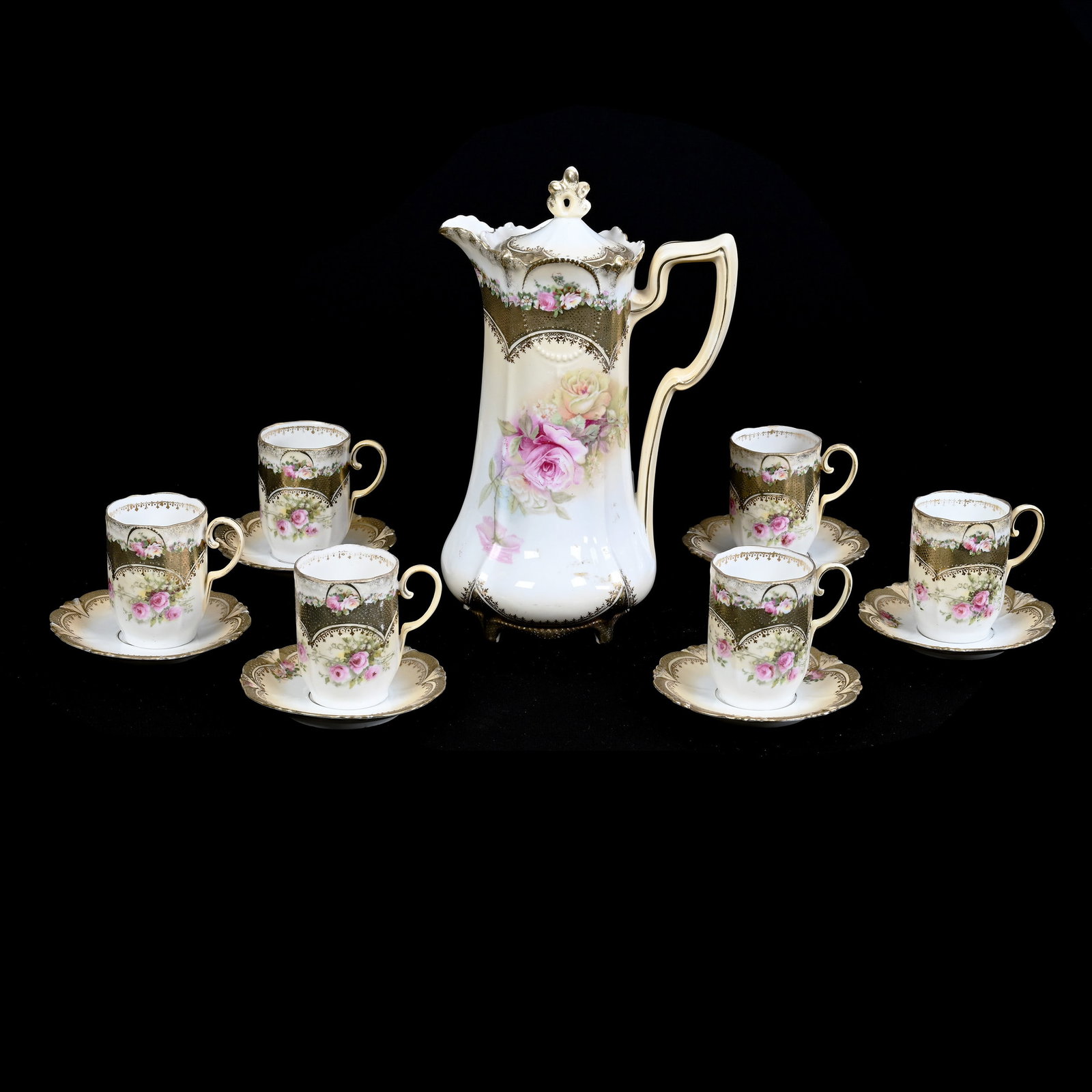 Chocolate Set Marked R.S. Prussia, Medallion Mold, Cream And White, Pink And Yellow Rose Decor: Chocolate Set Marked R.S. Prussia, Medallion Mold, Cream And White, Pink And Yellow Rose Decor, Heavy Gold Tapestry Border, (1) 10.5" x 6.5" Chocolate Pot, (6) Matching Cups And Saucers, Beautiful Set