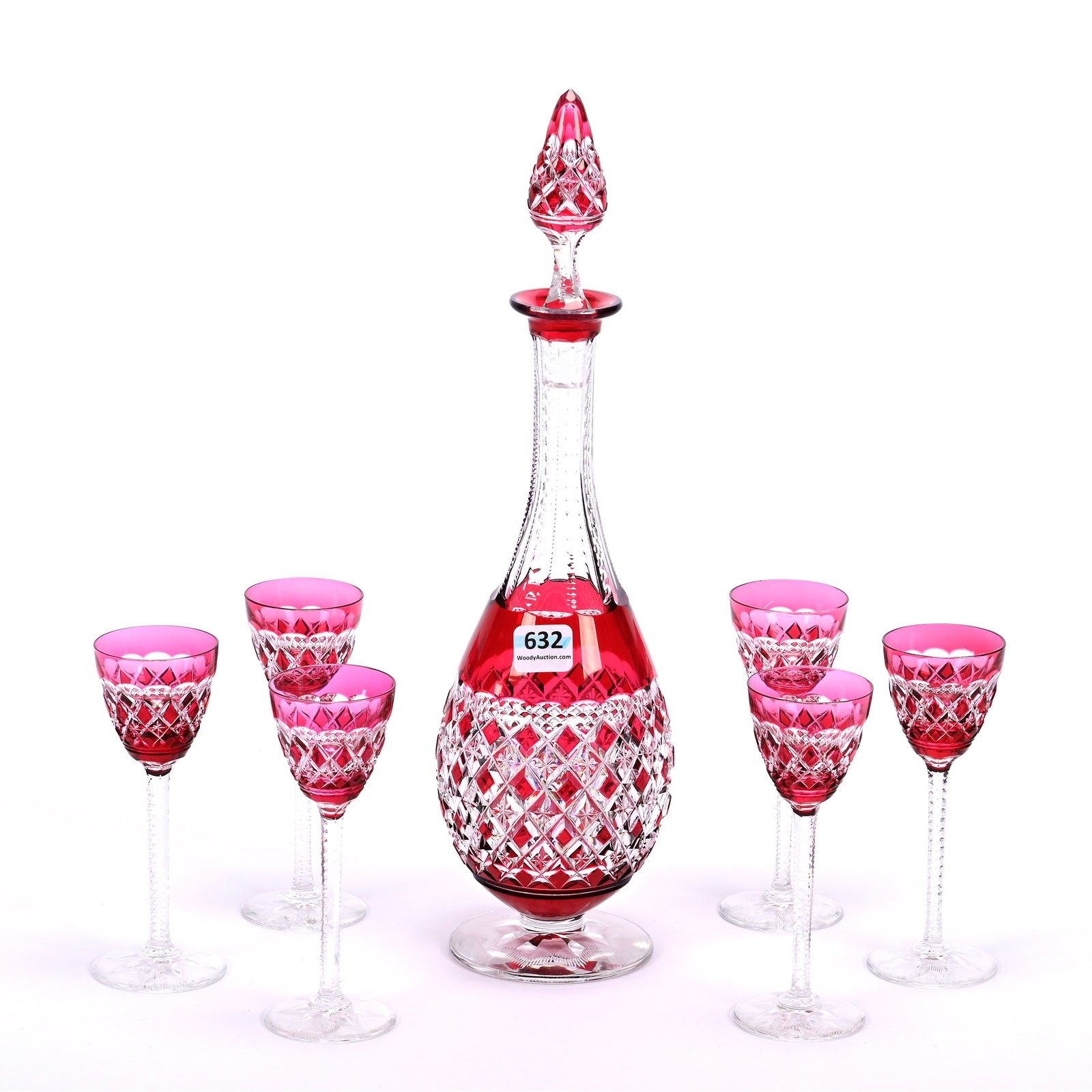 Liqueur Set, Brilliant Period Cut Glass, Cranberry Cut To Clear: Liqueur Set, Brilliant Period Cut Glass, Cranberry Cut To Clear, Waldenburg Pattern By Val St. Lambert, Circa 1925, (1) 13.25" x 3.5" Pedestal Decanter, Pattern Cut Stopper, (6) Matching 5" Cordial St