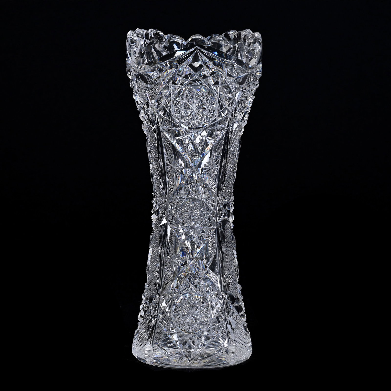 Vase, American Brilliant Cut Glass, Signed Egginton Creswick Pattern: Vase, American Brilliant Cut Glass, Signed Egginton Creswick Pattern, 8" x 3.25", Ray Cut Base, Collection Of The Late T. J. Wilson, Oklahoma. Mr. Wilson Marked The Majority Of His Collection With A B