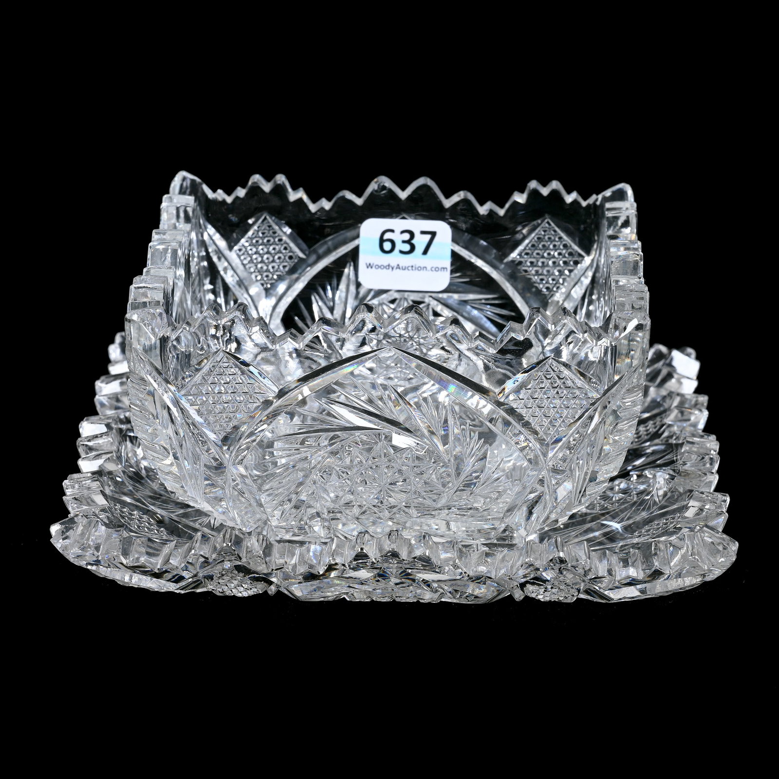 Square Mayonnaise Bowl/Underplate, American Brilliant Cut Glass: Square Mayonnaise Bowl/Underplate, American Brilliant Cut Glass, 3" x 6", Pinwheel, Vesica, Nailhead Diamond, Cane And Fan Motif, Some Tooth Chips On Plate, Collection Of The Late T. J. Wilson, Oklaho