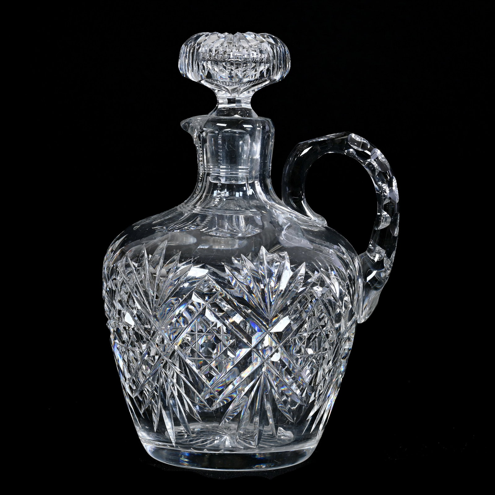 Whiskey Jug, American Brilliant Cut Glass, Signed Hawkes Cypress/Middlesex Pattern: Whiskey Jug, American Brilliant Cut Glass, Signed Hawkes Cypress/Middlesex Pattern, 7.5" x 5.25", Pattern Chip, Collection Of The Late T. J. Wilson, Oklahoma. Mr. Wilson Marked The Majority Of His Col