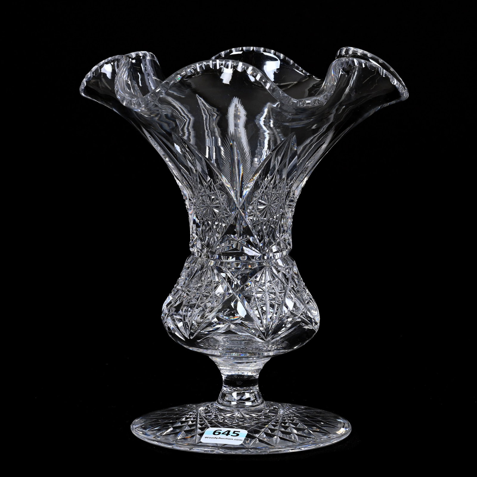 Pedestal Vase, American Brilliant Cut Glass, Hobstar And Feather Motif, Ruffled Rim: Pedestal Vase, American Brilliant Cut Glass, Hobstar And Feather Motif, Ruffled Rim, 8" x 6.75", Hobstar Foot, Collection Of The Late T. J. Wilson, Oklahoma. Mr. Wilson Marked The Majority Of His Coll