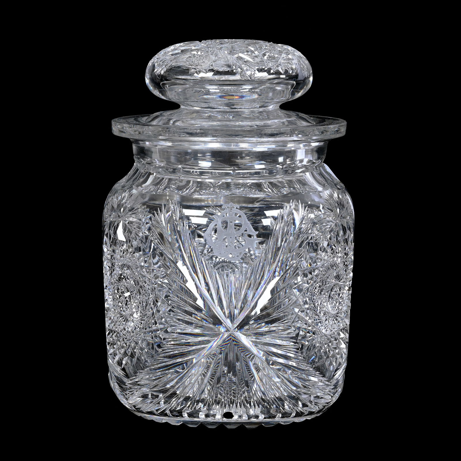 Humidor, Cut Glass, Signed Libbey Neola Pattern By W.C. Anderson, Elaborate Monogram (1 of 4)
