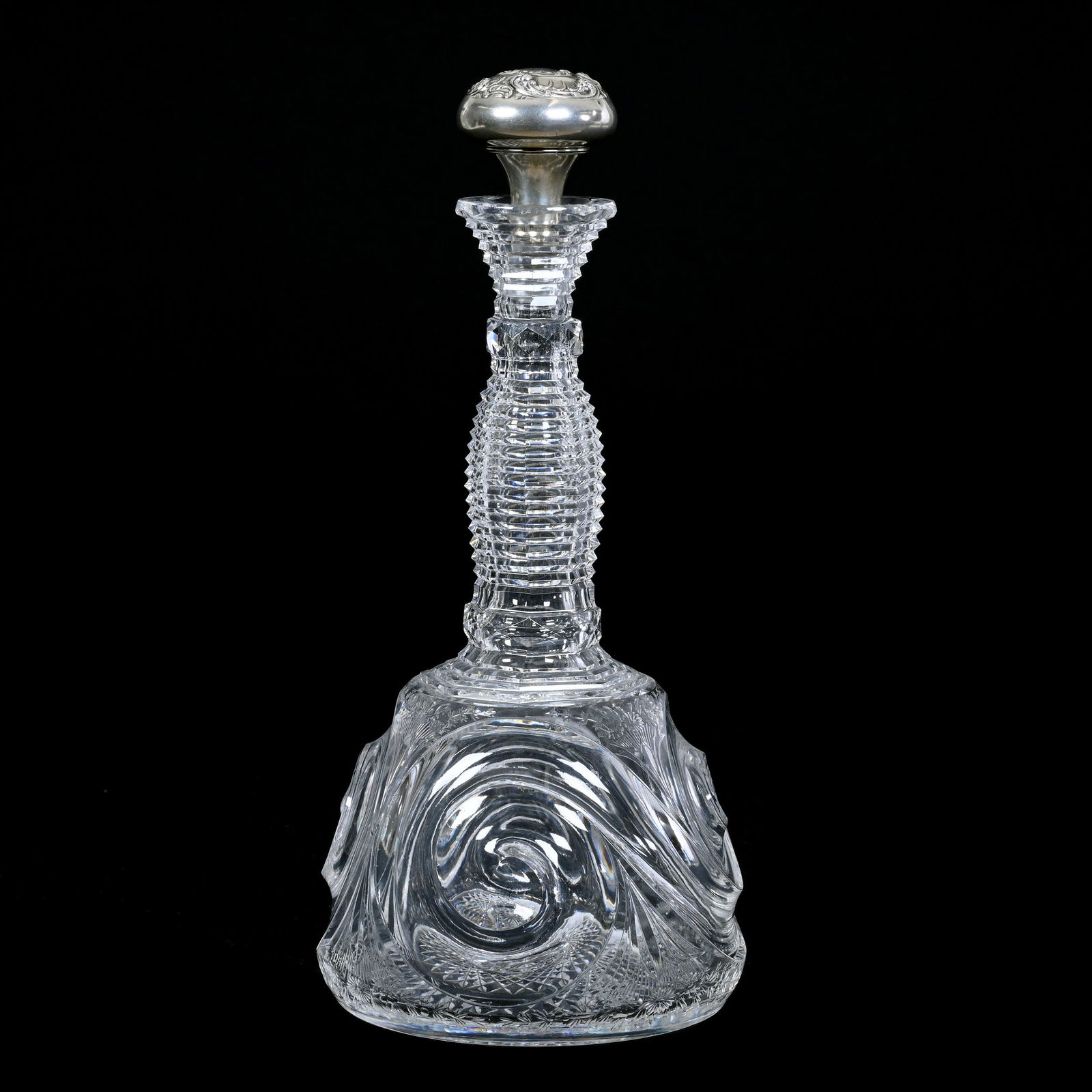 Decanter, Cut Glass, Snail Pattern With Engraved Floral Highlights By Meriden, Gorham Sterling: Decanter, American Brilliant Cut Glass, Snail Pattern With Engraved Floral Highlights By Meriden, Gorham Sterling Stopper, 11.5" x 5.25", As Shown In American Cut Glass Association Meriden Catalog Rep