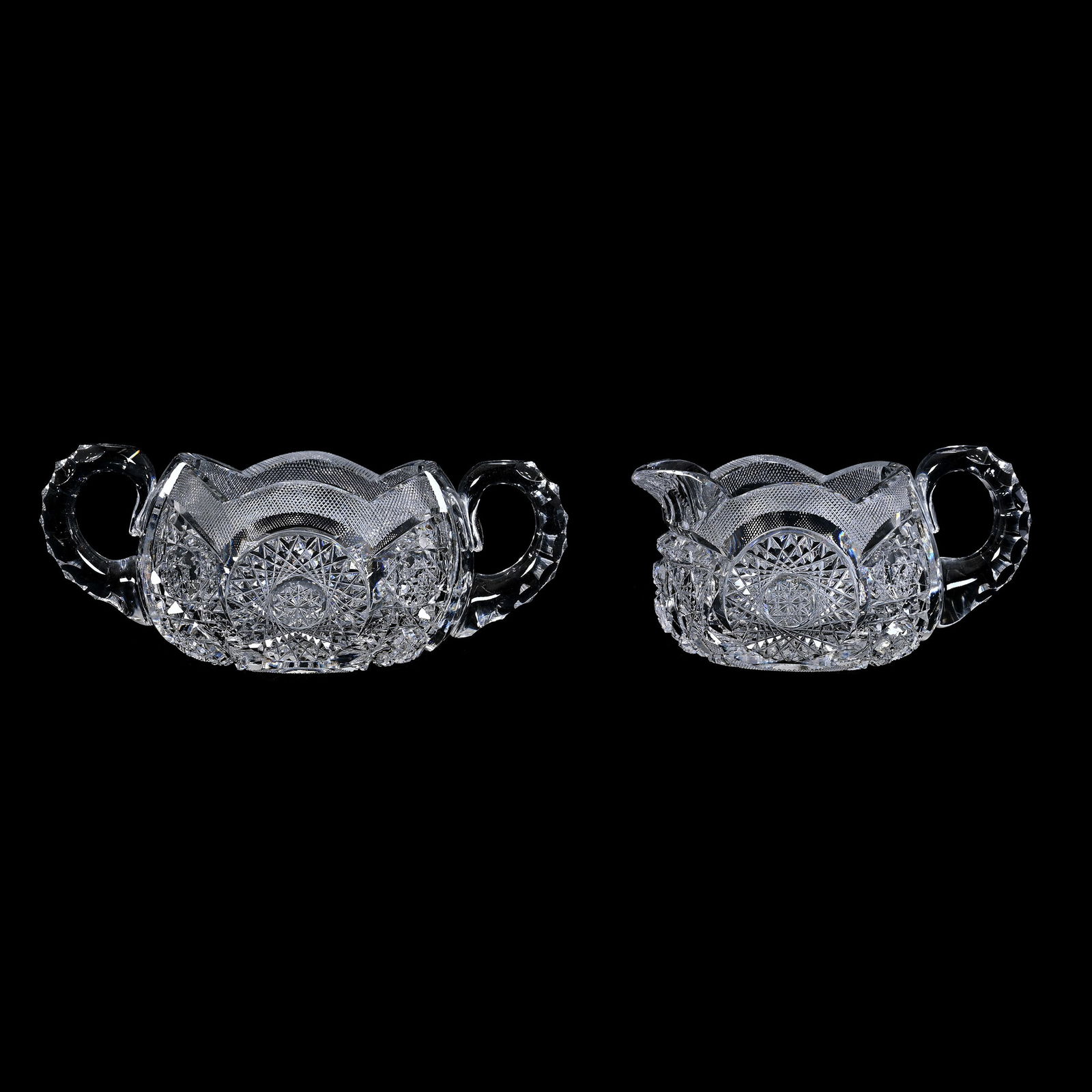 Creamer & Sugar Set, Cut Glass, Signed Taylor Brothers Bellevue Pattern (1 of 3)