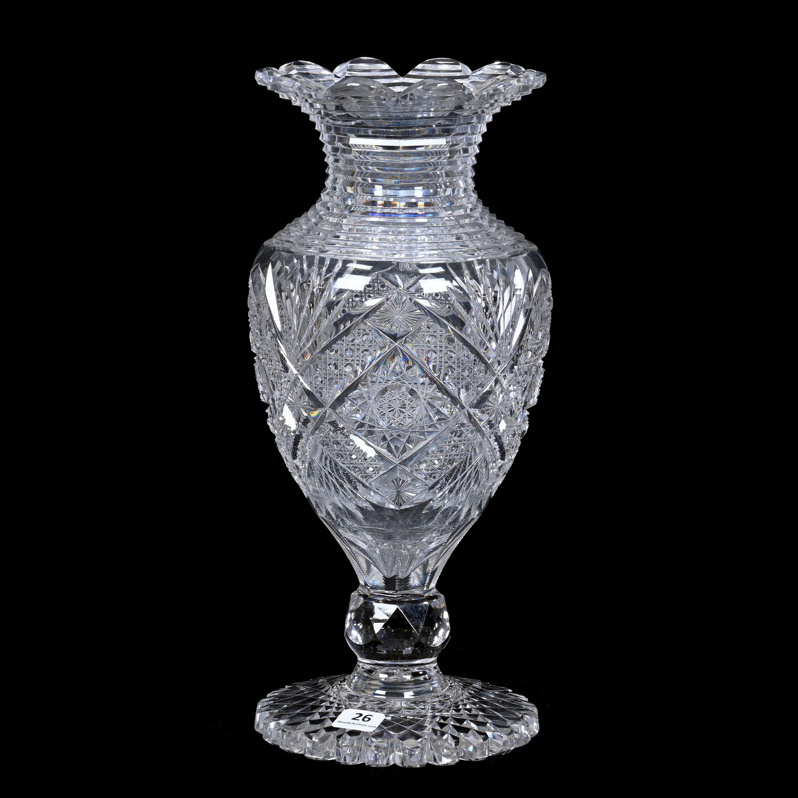 Pedestal Vase, Cut Glass, Hobstar, Cane, Star And Fan Motif, Facet Cut Ball Stem (1 of 3)