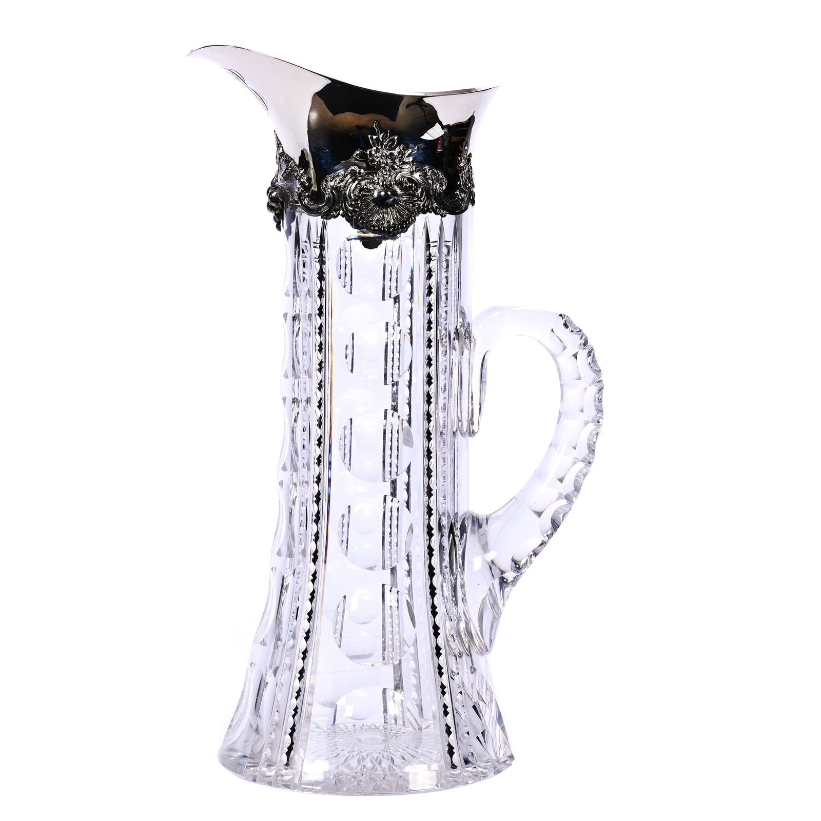 Tankard, Cut Glass, Boston Pattern By Pairpoint, Large Sterling Collar Marked Tiffany & Company: Tankard, American Brilliant Cut Glass, Boston Pattern By Pairpoint, Large Sterling Collar Marked Tiffany & Company, 13" x 7.5", Sterling With Embossed Shell, Scroll And Floral Design, Hobstar Cut Base