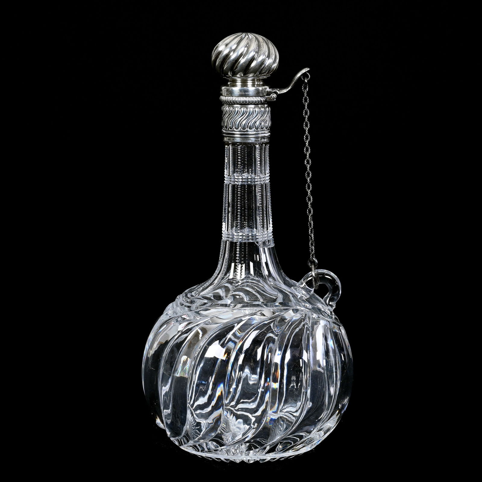 Claret Chain Decanter, Cut Glass, Twin City Pattern By J. Hoare, Gorham #S906 Sterling Flip Top: Claret Chain Decanter, American Brilliant Cut Glass, Twin City Pattern By J. Hoare, Gorham #S906 Sterling Flip Top, 9.5" x 4.75", Collection Of The Late Richard Byrne, New York.