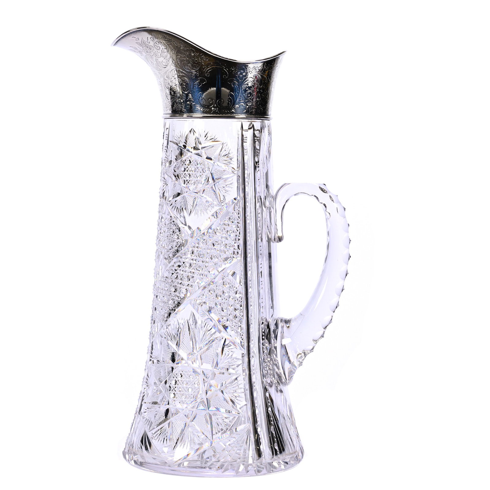 Tankard, Cut Glass, Exceptional Flashed Hobstar, Cane, Prism & Fan Motif: Tankard, American Brilliant Cut Glass, Exceptional Flashed Hobstar, Cane, Prism & Fan Motif, 13" x 7.5", Triple Notched Handle, Ray Cut Base, Wilcox Sterling Silver Spout/Collar With Finely Engraved F
