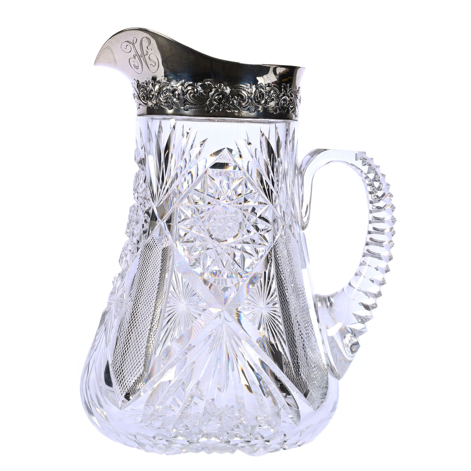 Pitcher, Cut Glass, Pattern #50 By Dorflinger, Notched Handle, Hobstar Base (1 of 6)