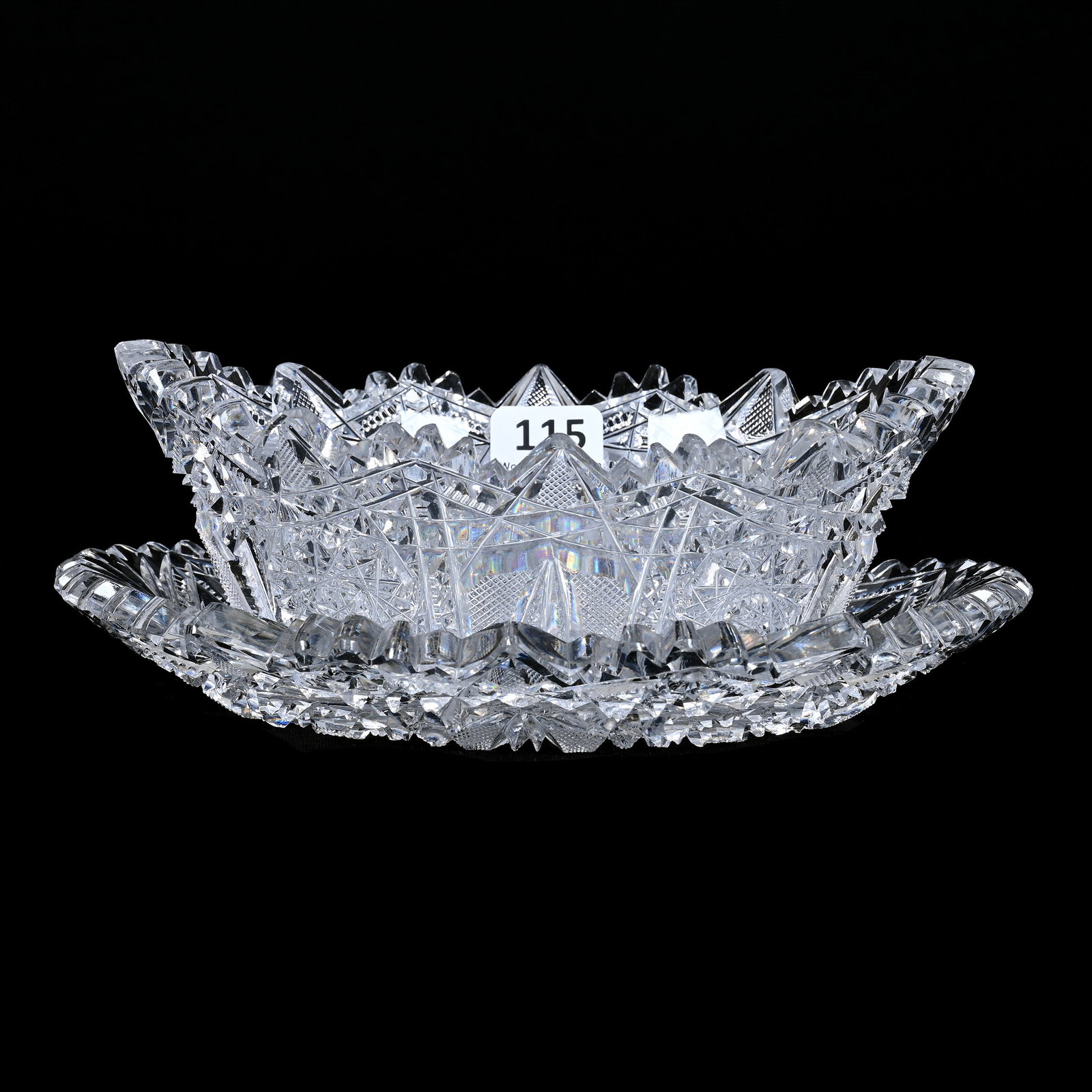 Oval Mayonnaise Bowl And Underplate, Cut Glass, Webster Pattern By Higgins And Seiter: Oval Mayonnaise Bowl And Underplate, American Brilliant Cut Glass, Webster Pattern By Higgins And Seiter, 2.75" x 7.25" x 5", Very Sharp Cutting, Underplate With Tooth Chip, Sherry and The Late Elton 
