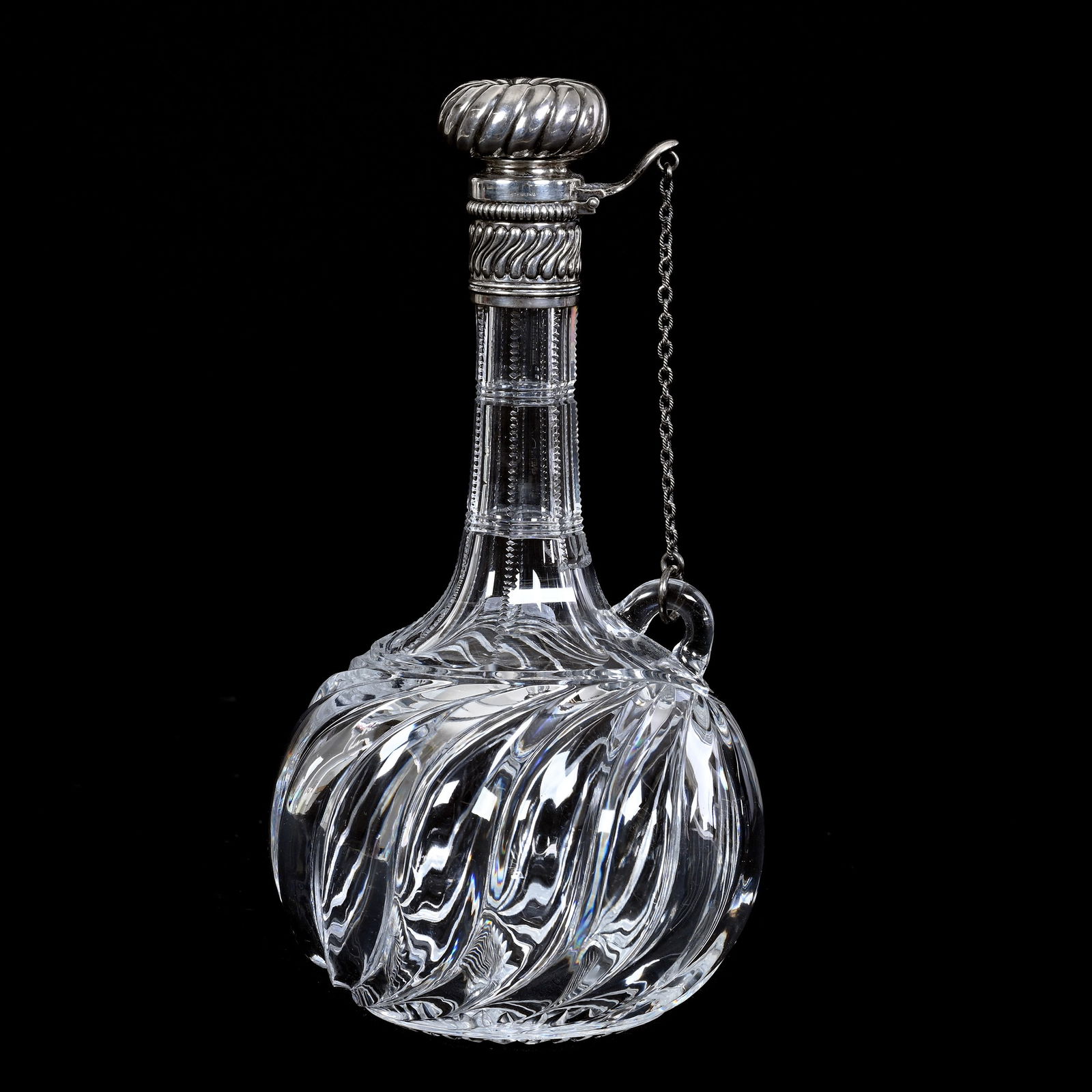 Claret Chain Decanter, Cut Glass, Twin City Pattern By J. Hoare, Gorham #S906 Sterling Flip Top: Claret Chain Decanter, American Brilliant Cut Glass, Twin City Pattern By J. Hoare, Gorham #S906 Sterling Flip Top, 9.25" x 4.75", Collection Of The Late Richard Byrne, New York.