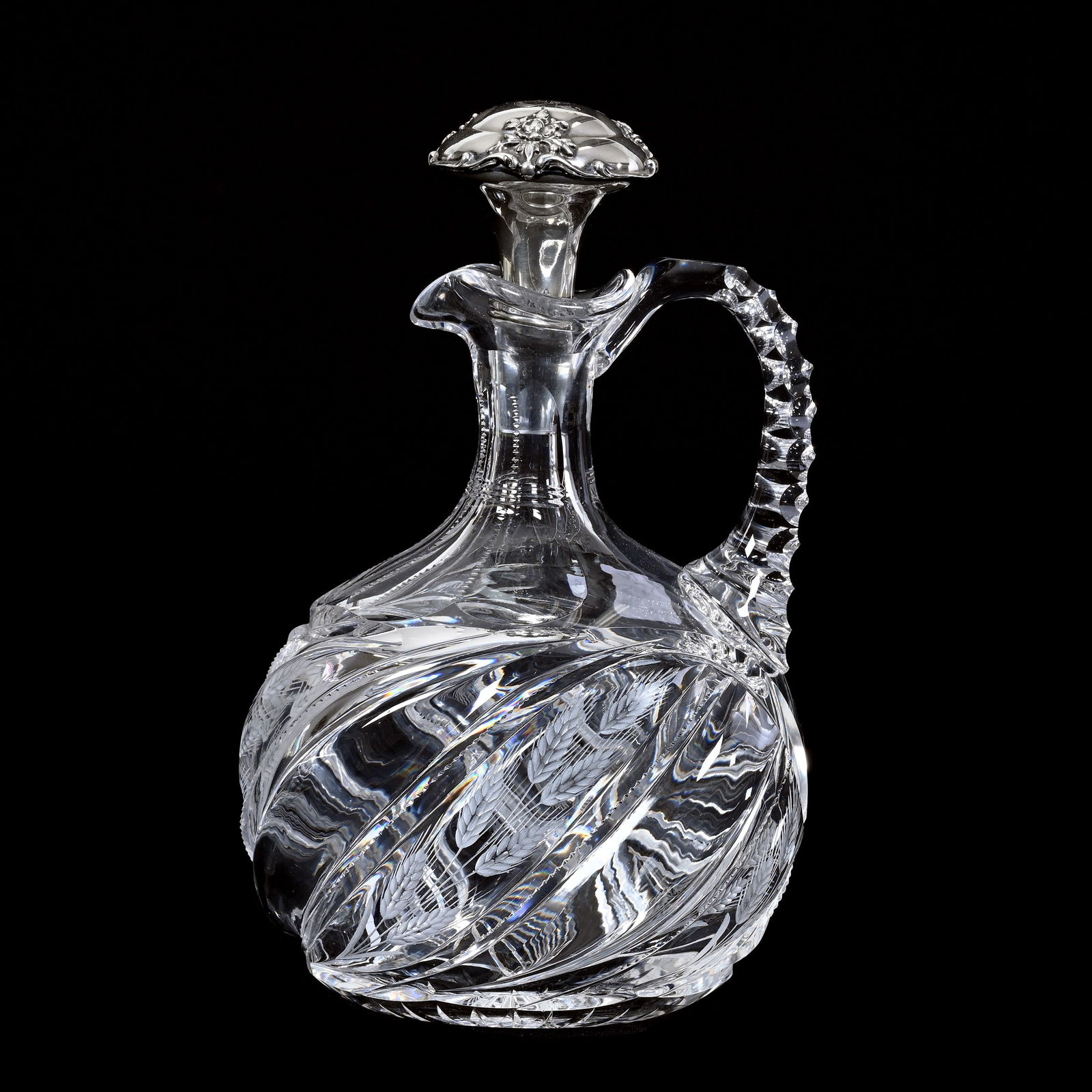 Ovoid Whiskey Decanter, Cut Glass, Swirled Pillar & Engraved Wheat Pattern By J. Hoare (1 of 5)