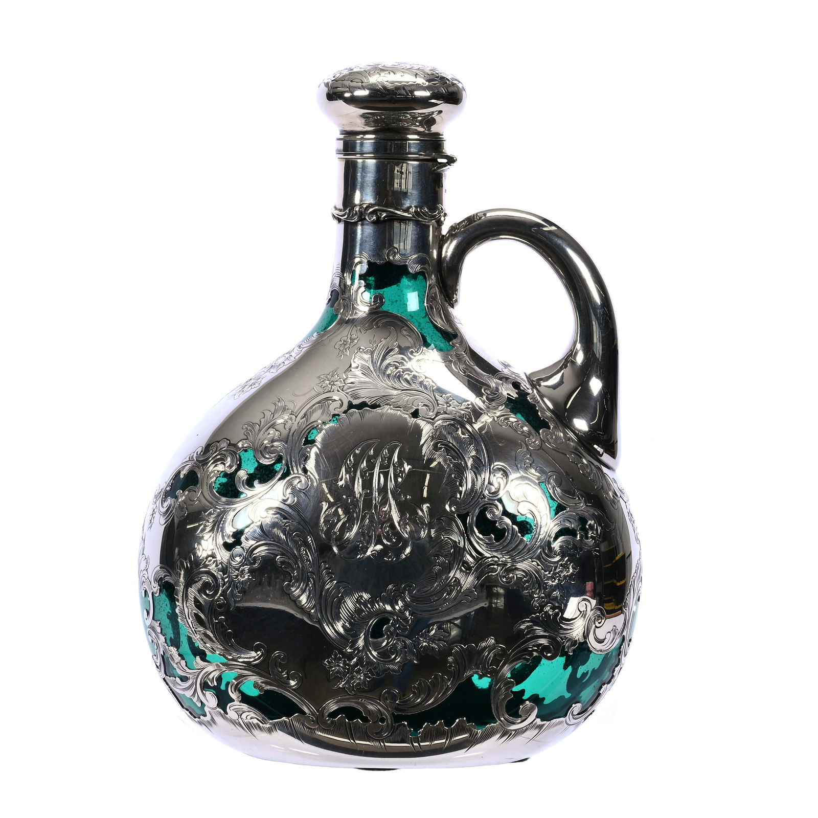 Ovoid Whiskey Decanter, Cut Glass, Solid Green, Extensive Gorham #D476 Sterling Silver Overlay (1 of 5)