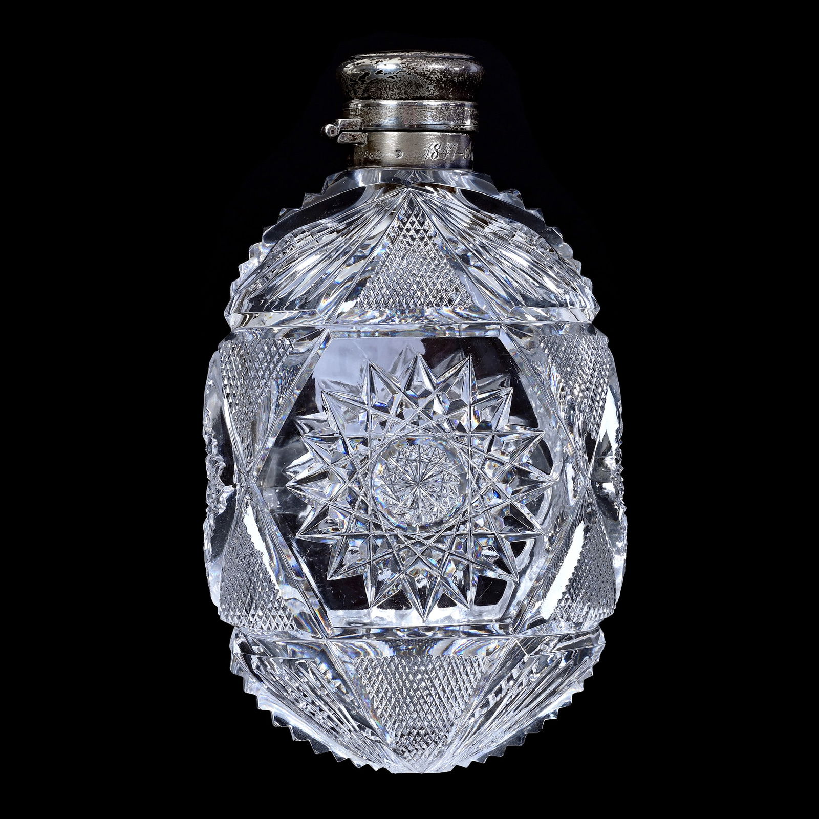 Pocket Flask, Cut Glass, Hobstar, Strawberry Diamond And Fan Motif (1 of 6)
