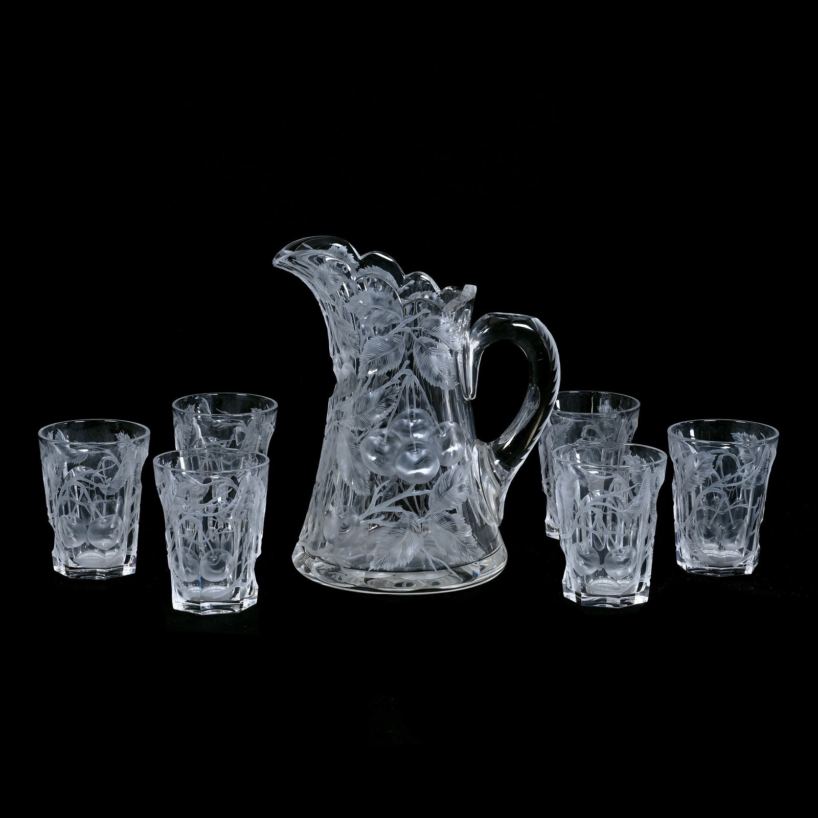 Water Set, Cut Glass, Signed Libbey, Exceptional Engraved Cherries Pattern (1 of 4)