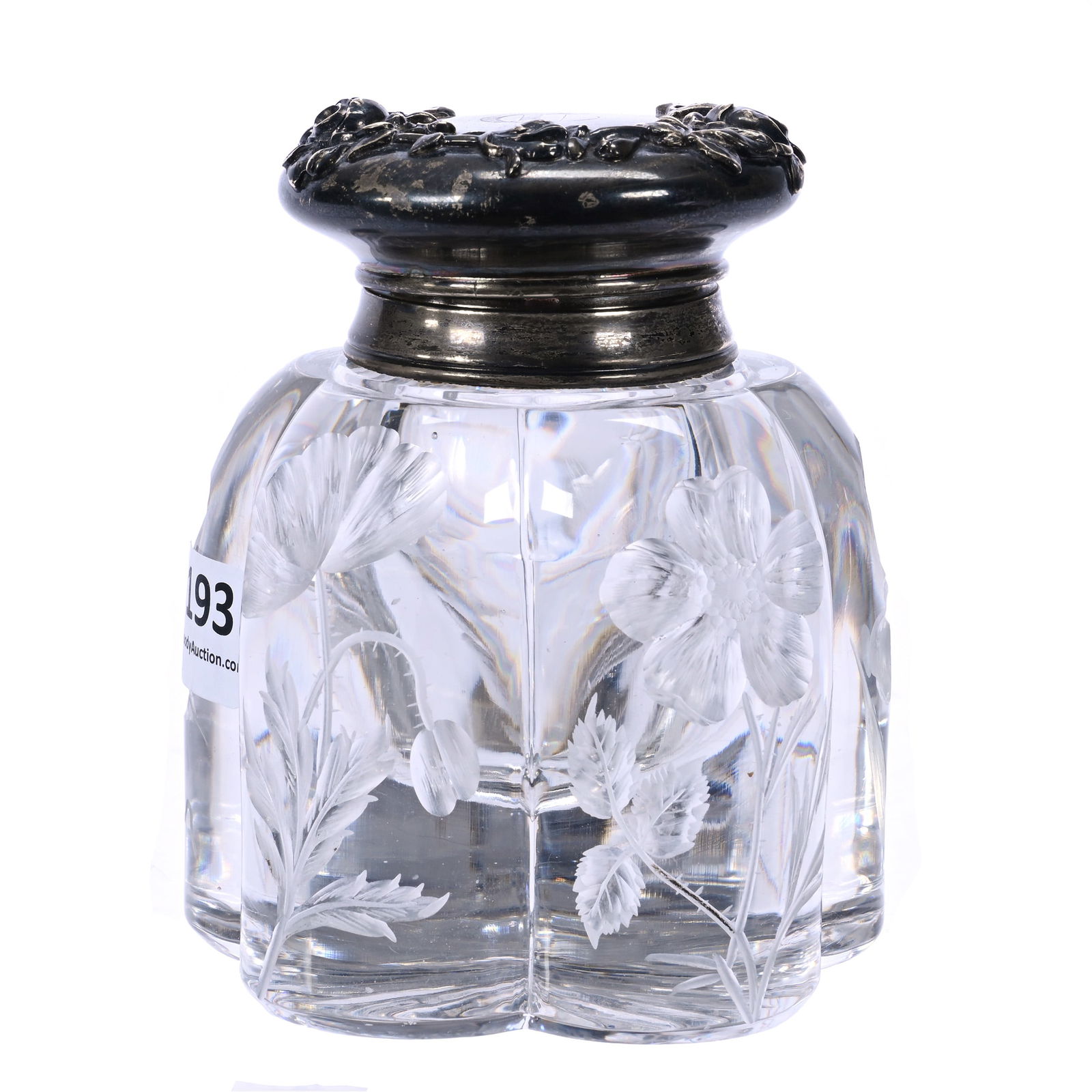 Inkwell, Cut Glass, Five Melon Ribs, All Engraved With Different Floral Blossoms (1 of 5)