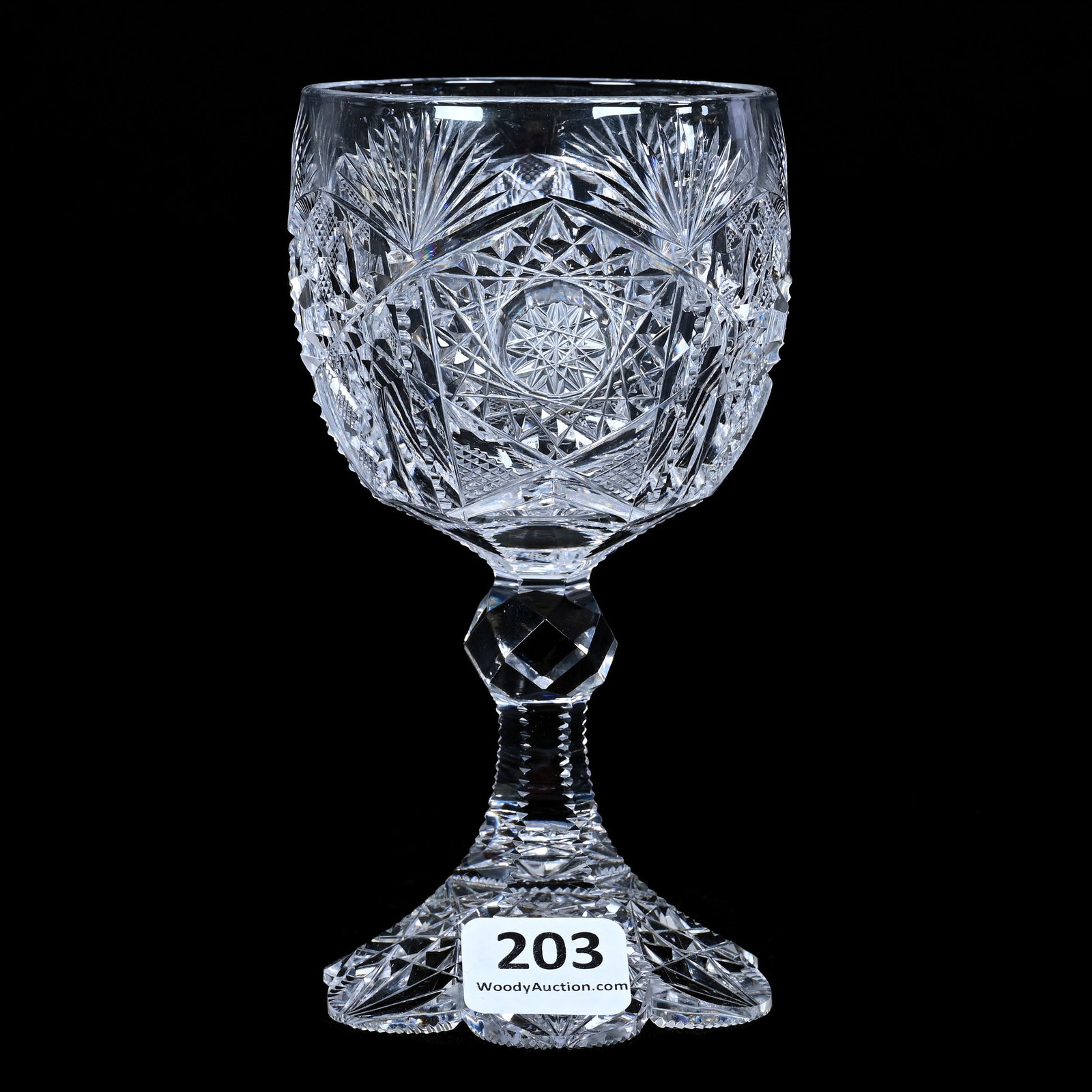 Wine Stem, Cut Glass, Wedgemere Pattern By Libbey, Pattern Cut Scalloped Petticoat Foot: Wine Stem, American Brilliant Cut Glass, Wedgemere Pattern By Libbey, Pattern Cut Scalloped Petticoat Foot, 5" x 2.75", Sherry and The Late Elton Linville Collection, Indiana.